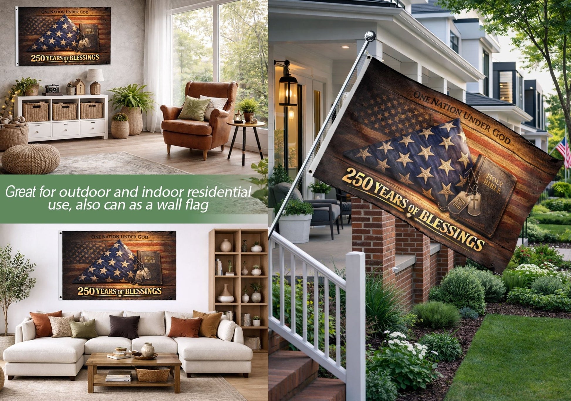 Christian 250 Years America Anniversary Flag, Holy Bible & One Nation Under God 1776-2026 - Double Sided Faith House Banner - Rust Field Wear