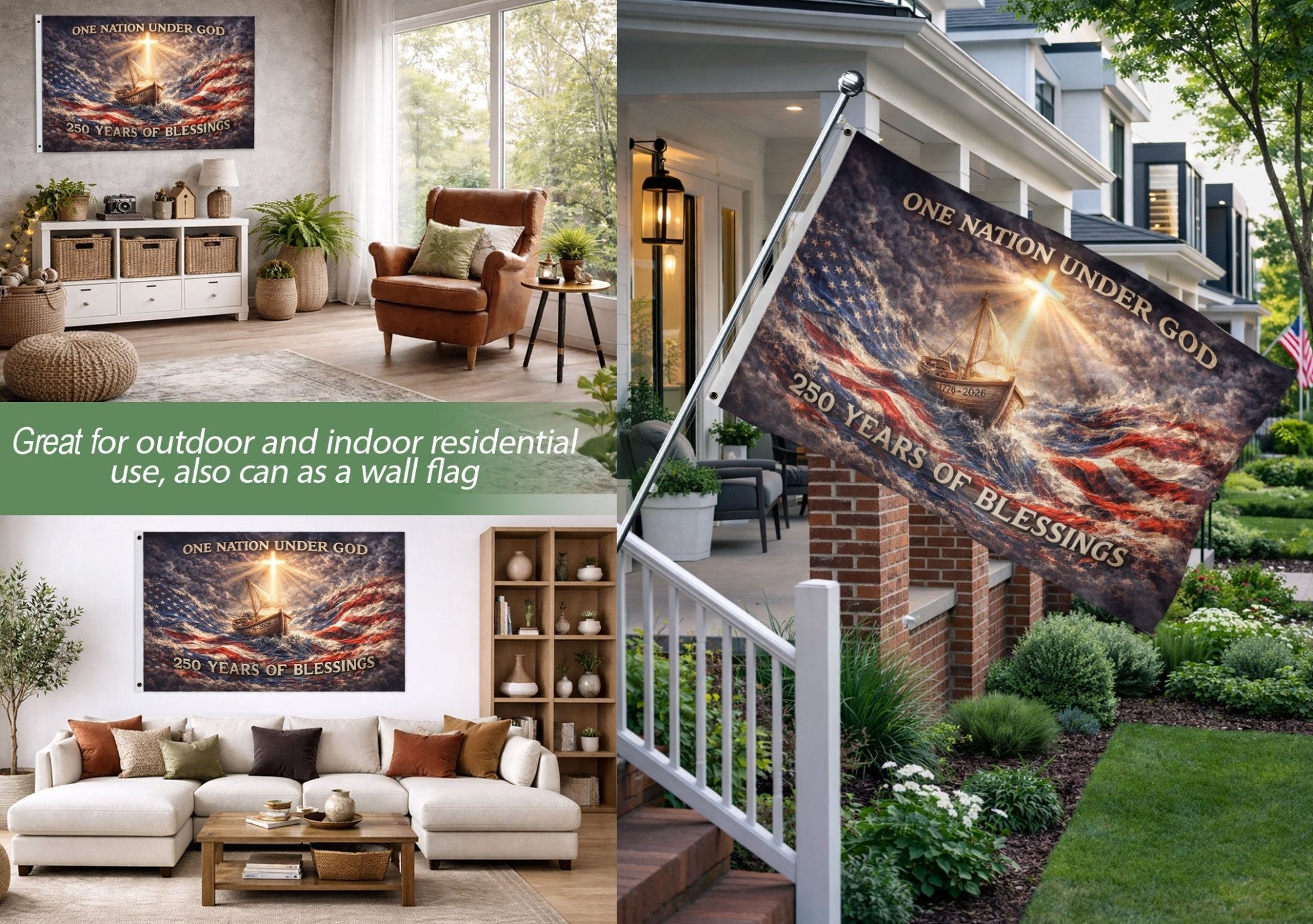USA 250th Anniversary Flag 1776-2026 – One Nation Under God Sailing Ship 250 Years Double-Sided House Flag - Rust Field Wear