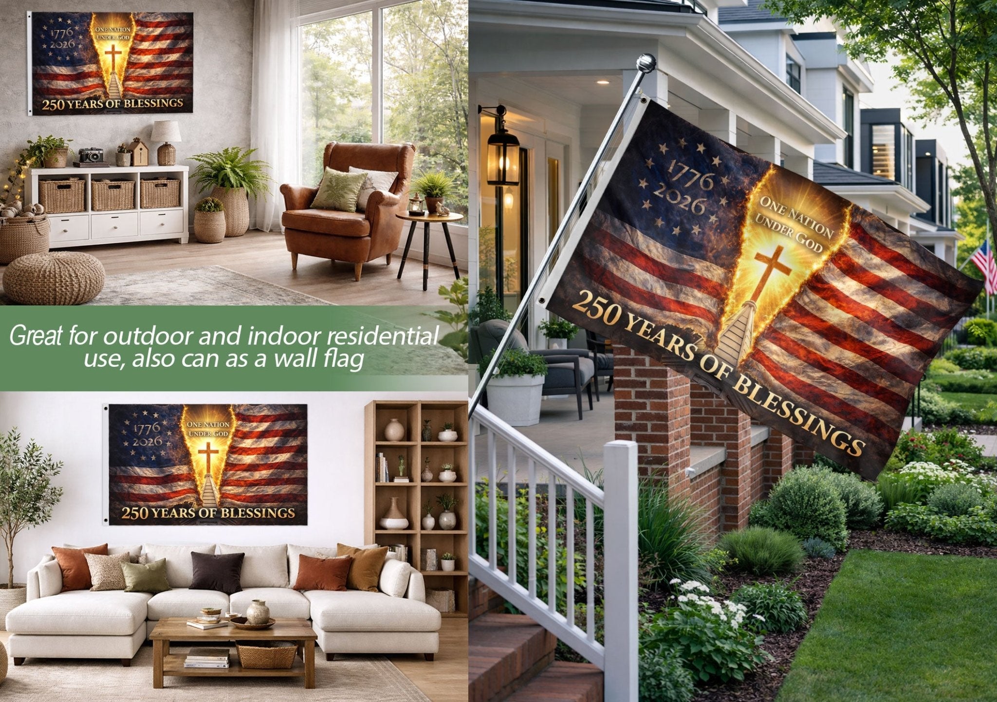 Flag 250 Years of Blessings 1776-2026 - One Nation Under God 250th Anniversary USA Christian Flag, Double Sided Premium House Flag - Rust Field Wear