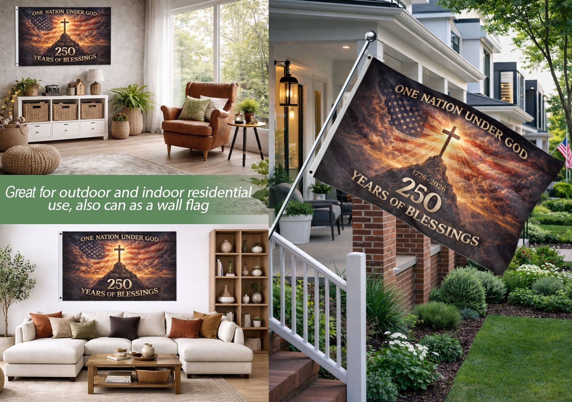 USA One Nation Under God 1776-2026 250th Anniversary Flag - Christian Patriotic 250 Years of Blessings Double-Sided House Flag - Rust Field Wear