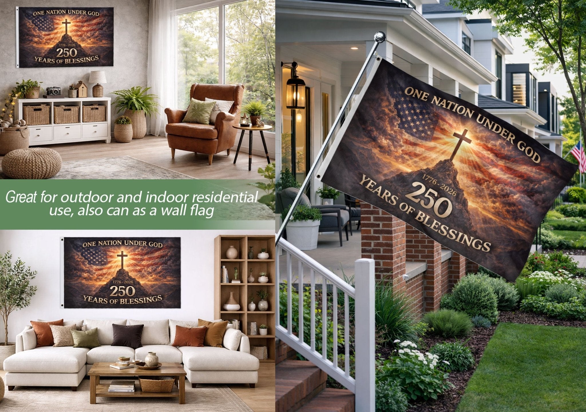 USA One Nation Under God 1776-2026 250th Anniversary Flag - Christian Patriotic 250 Years of Blessings Double-Sided House Flag - Rust Field Wear
