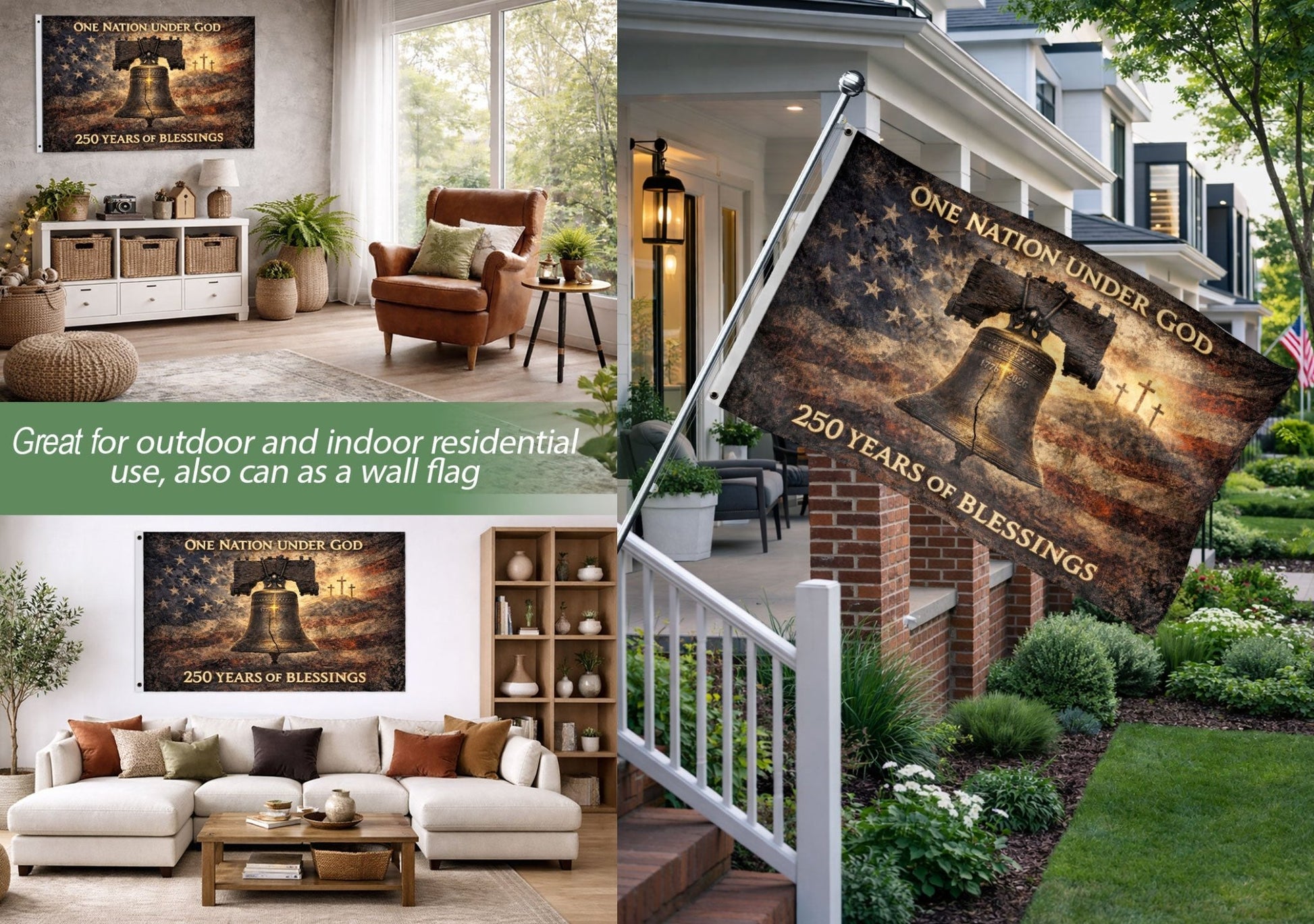 USA 250th Anniversary Flag 1776-2026 – Liberty Bell & Cross 250 Years of Blessings One Nation Under God Banner - Rust Field Wear
