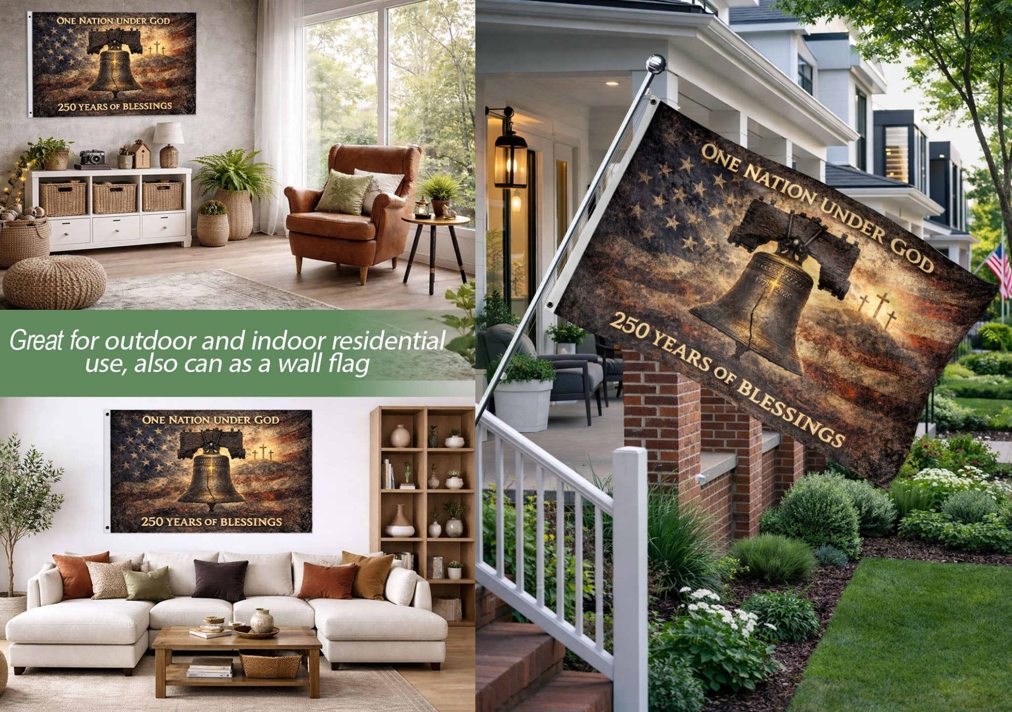 USA 250th Anniversary Flag 1776-2026 – Liberty Bell & Cross 250 Years of Blessings One Nation Under God Banner - Rust Field Wear