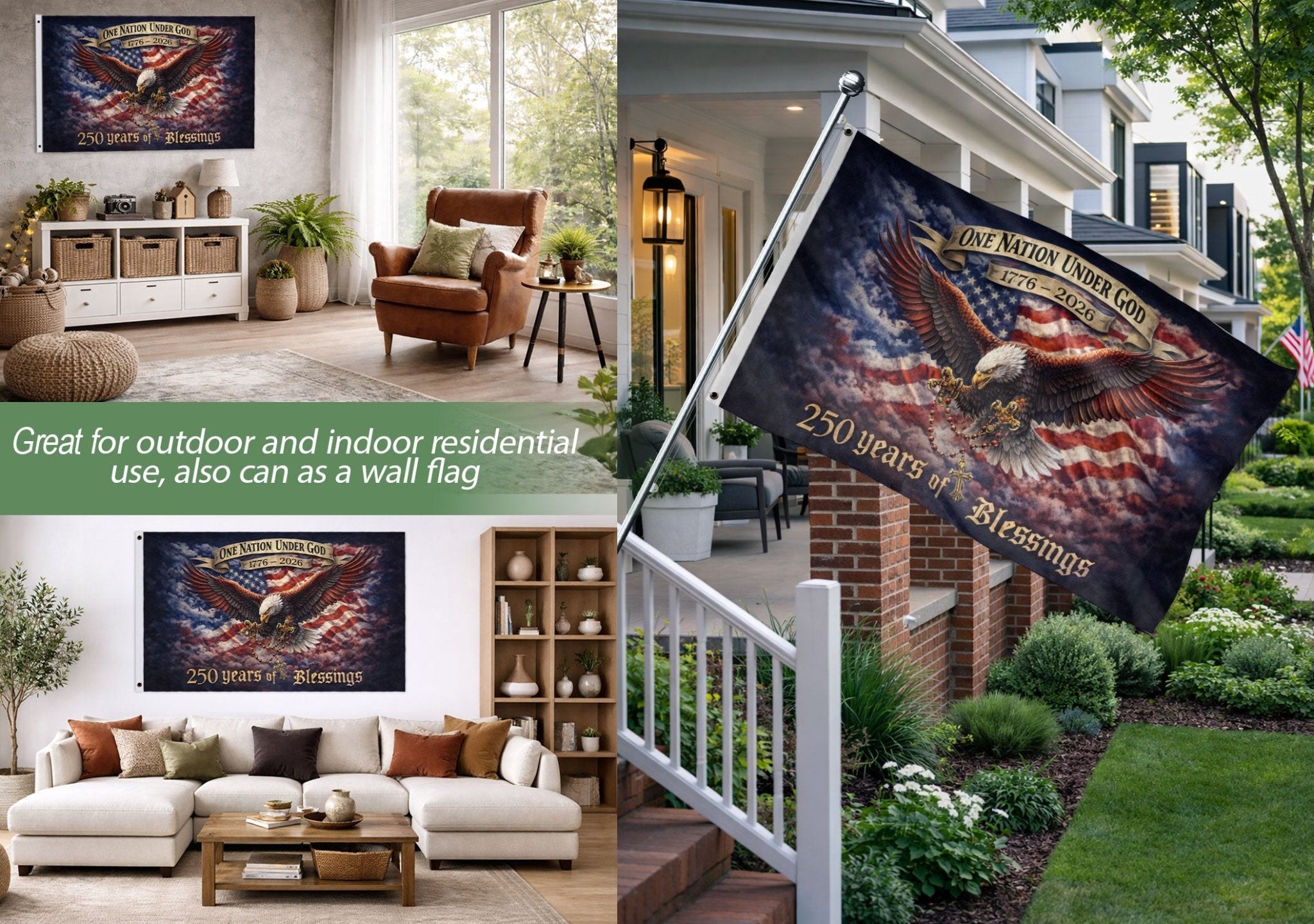 USA 250th Anniversary 1776-2026 Double Sided Flag – Flying Eagle 250 Years of Blessings One Nation Under God Decor - Rust Field Wear