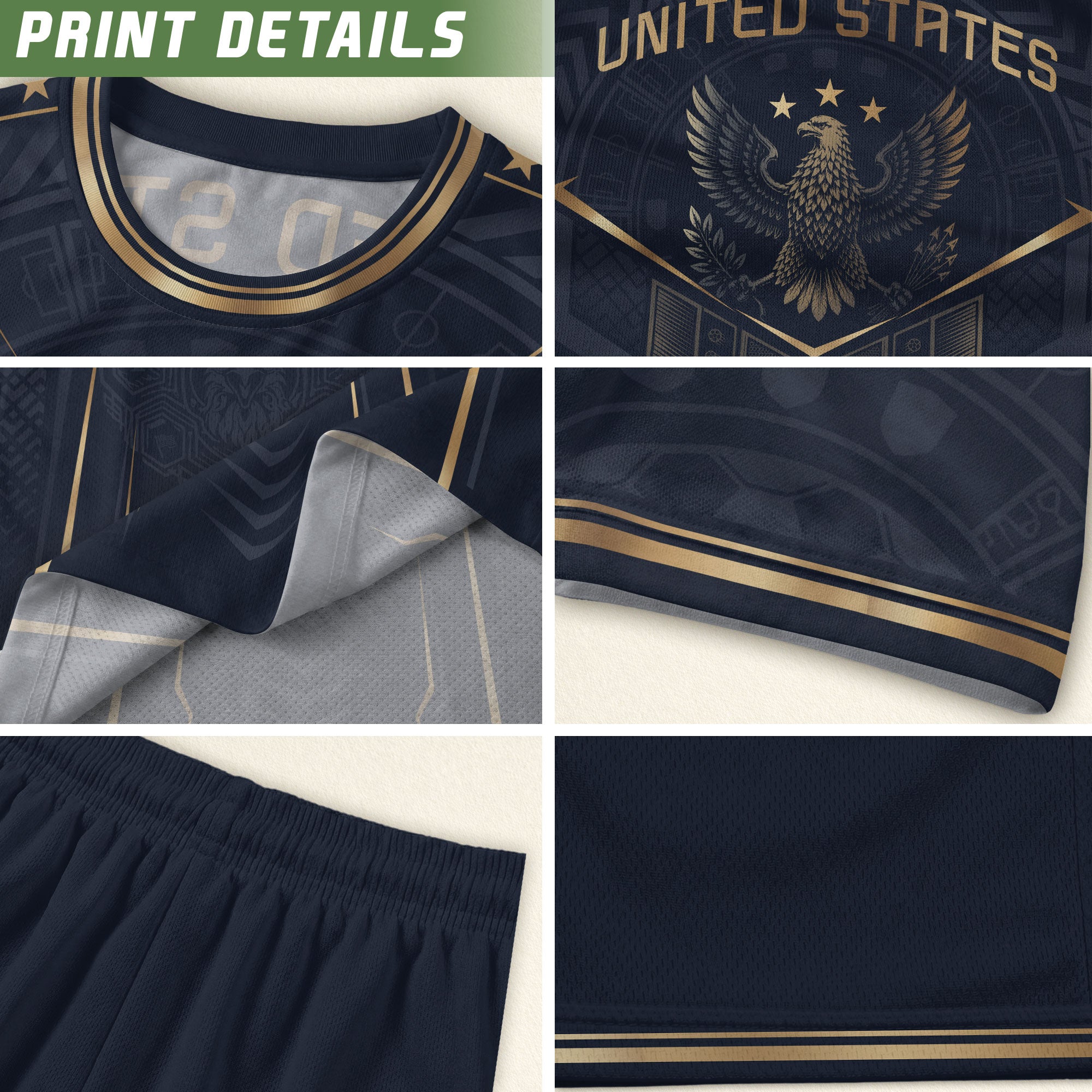 USA Soccer Jersey Navy Gold Eagle Shield Graphic Sports Tee for Soccer Fans