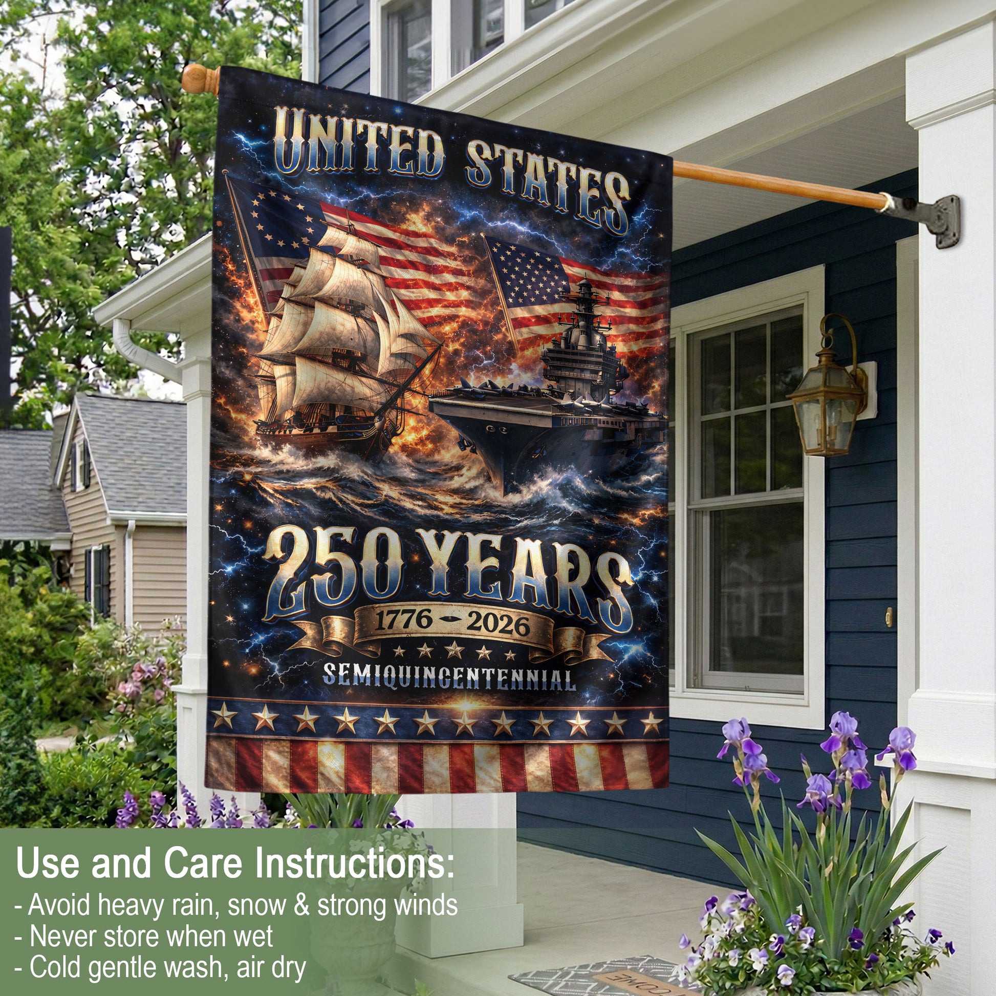1776-2026 USA 250th Anniversary House Flag – Navy History & Modern Power Patriotic Double Sided Flag - Rust Field Wear