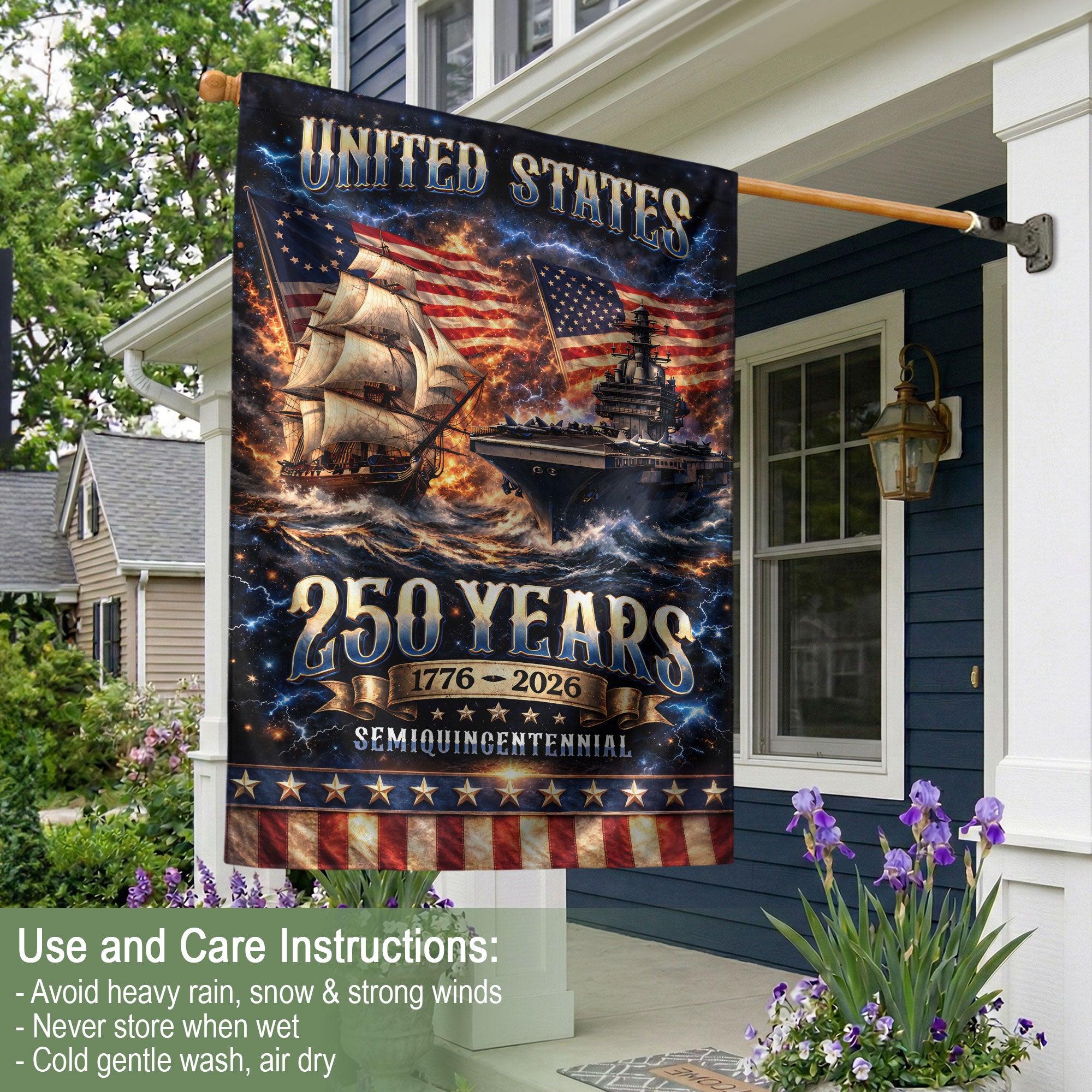 1776-2026 USA 250th Anniversary House Flag – Navy History & Modern Power Patriotic Double Sided Flag - Rust Field Wear