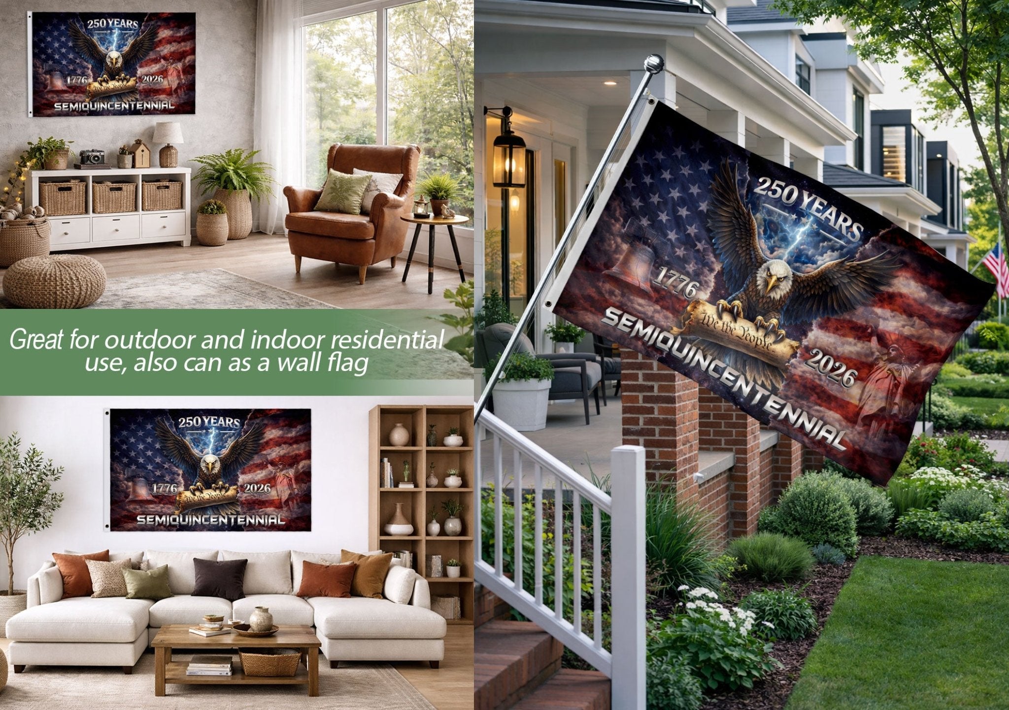 USA 250th Anniversary 1776–2026 House Flag – Vintage Bootleg Eagle Liberty Bell We The People Double Sided - Rust Field Wear