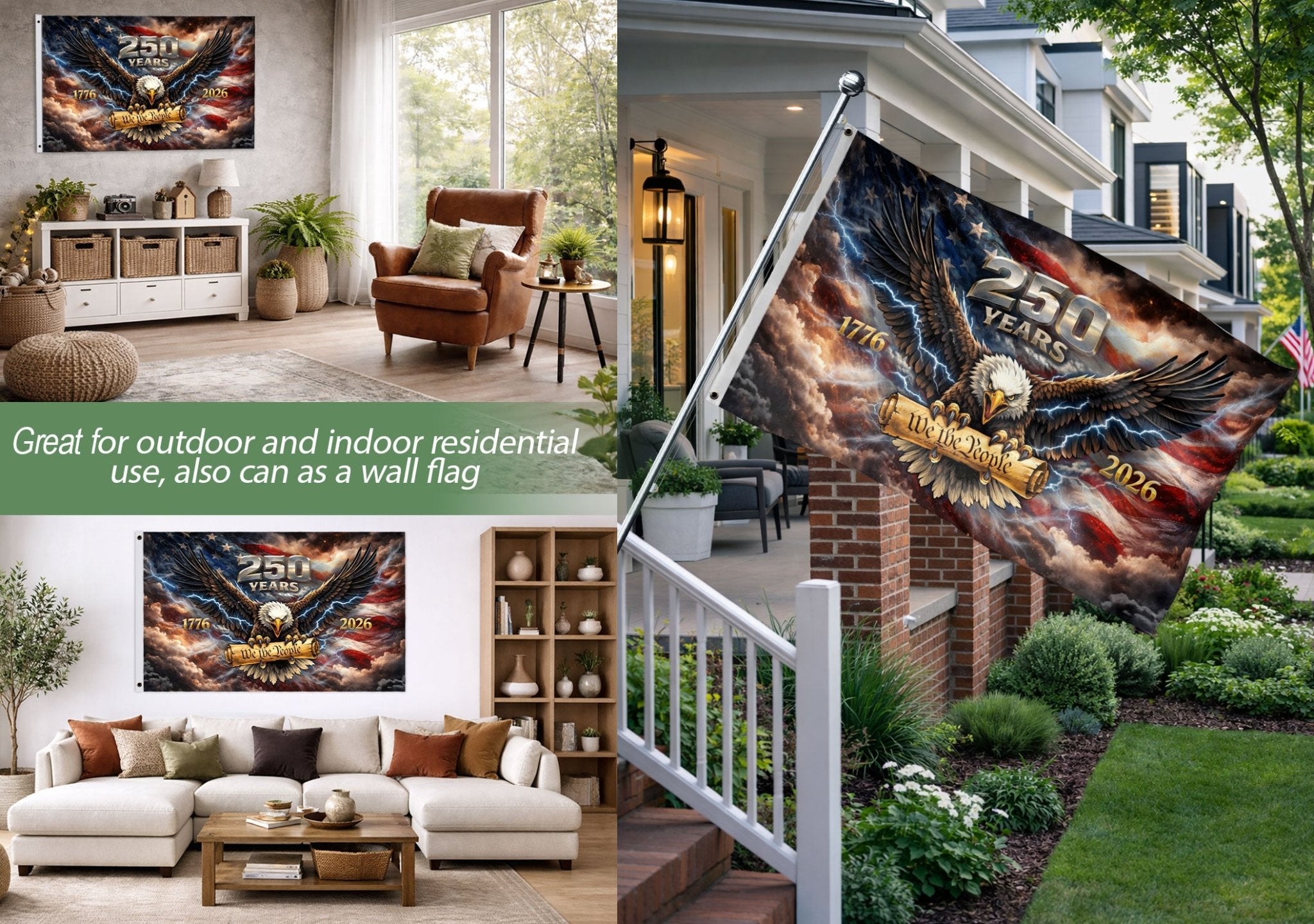 USA 250th Anniversary 1776–2026 House Flag – Vintage Bootleg Eagle We The People Lightning Double Sided Printing - Rust Field Wear