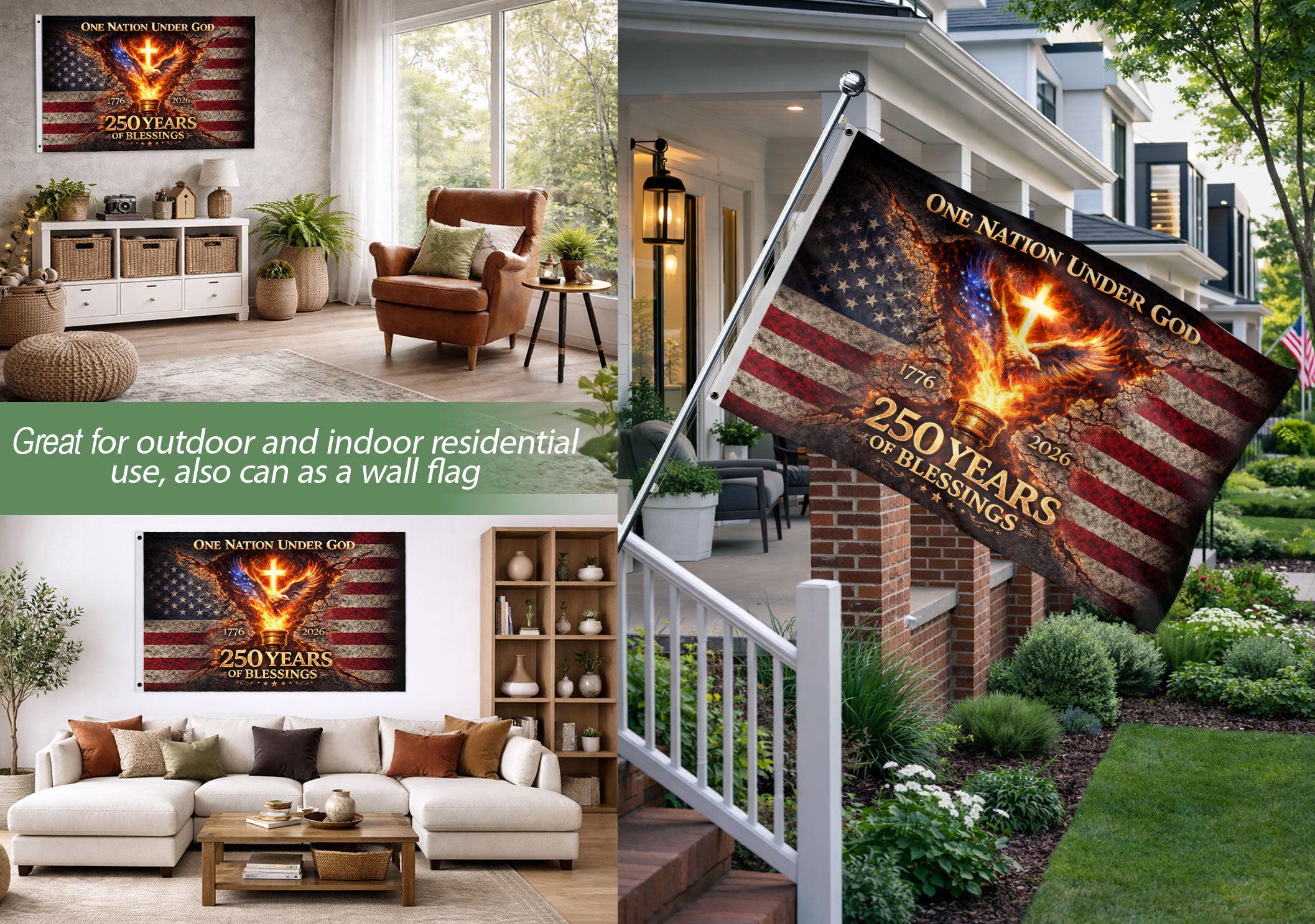 One Nation Under God 250 Years Flag 1776–2026 – Eagle & Cross Christian USA Double Sided House Flag