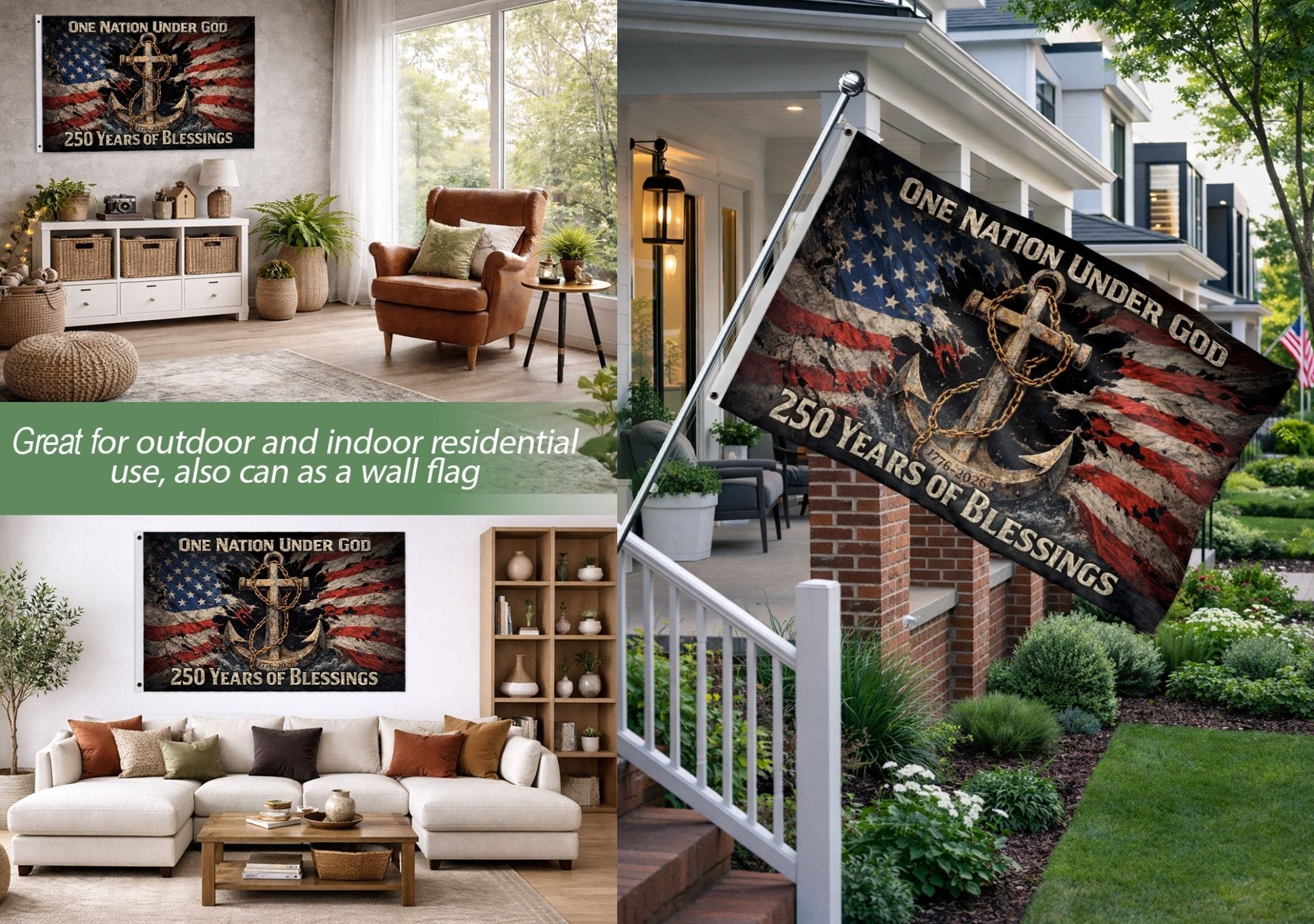 250 Years of Blessings Christian Flag 1776–2026 – Anchor Cross & Chain Patriotic Double Sided Banner - Rust Field Wear