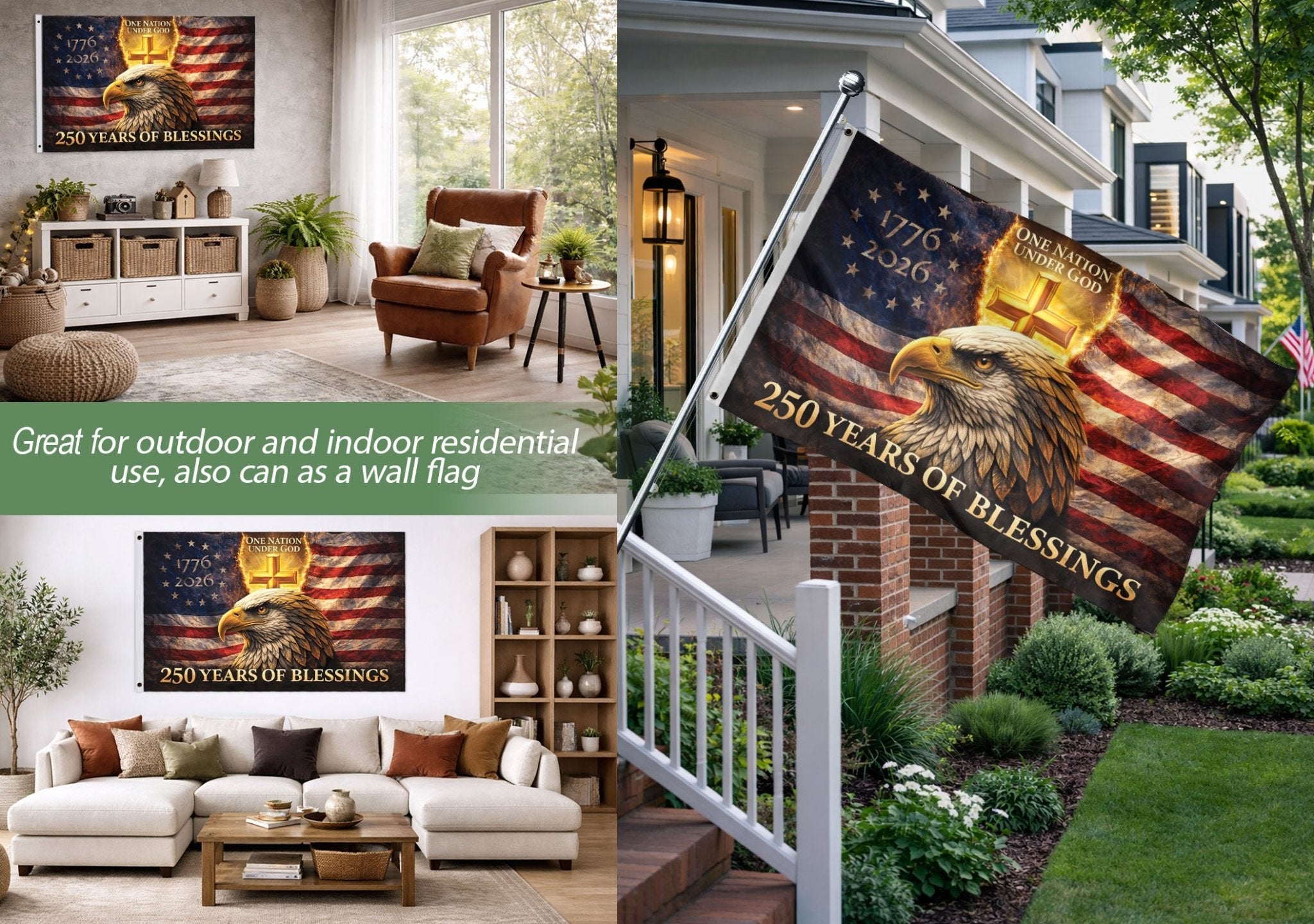 USA 250th Anniversary Eagle Flag 1776-2026 – One Nation Under God Christian Cross Double Sided Patriotic House Flag - Rust Field Wear
