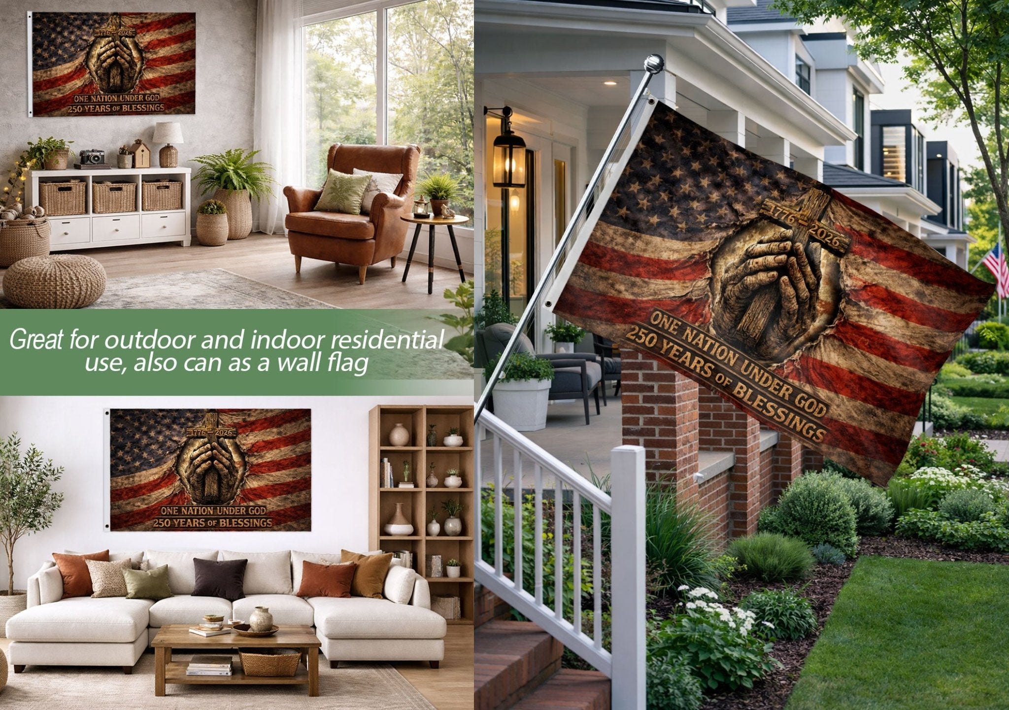 Christian Patriotic House Flag, Praying Hands Cross One Nation Under God Flag Decor - Rust Field Wear