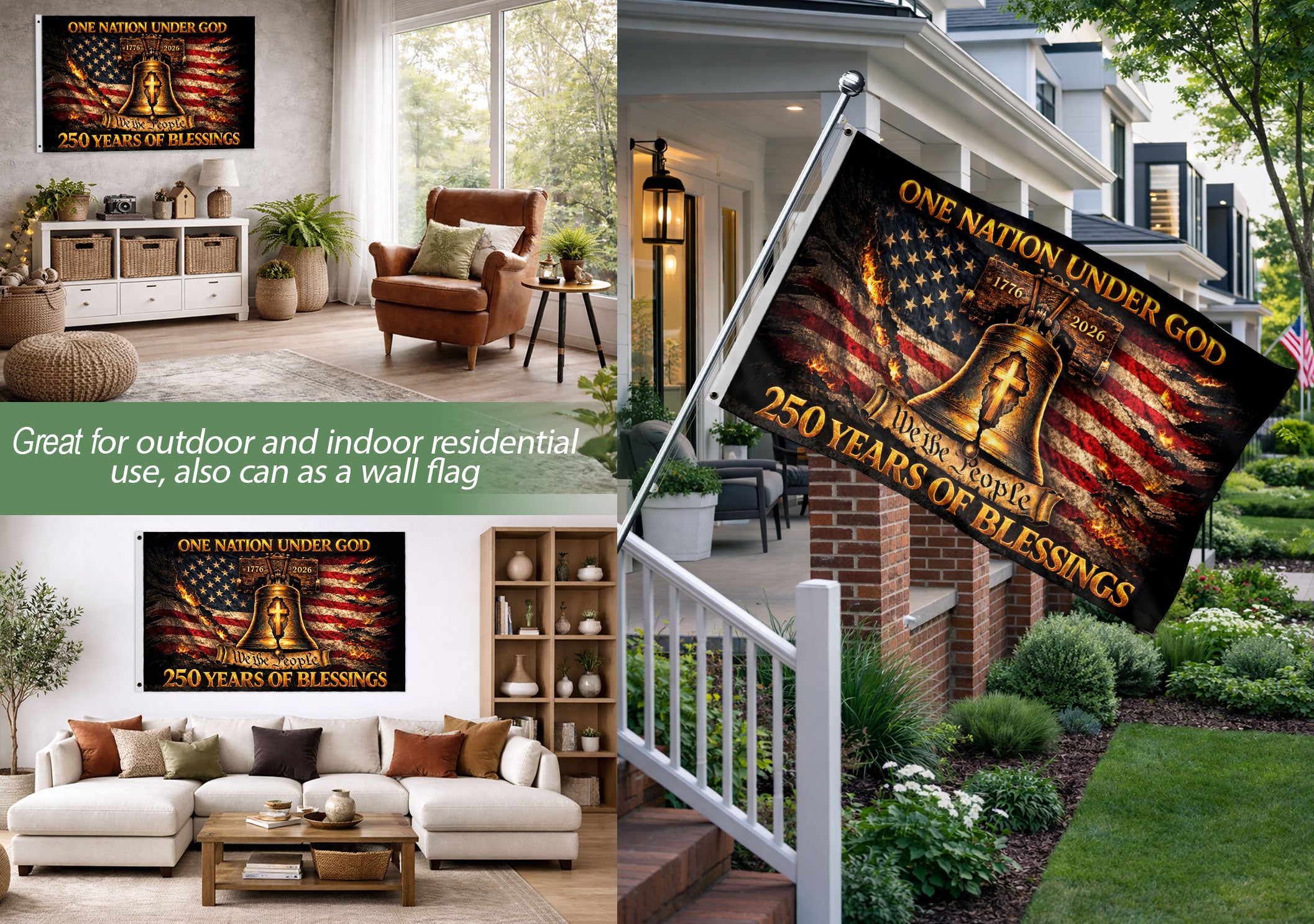 Patriotic Christian House Flag Liberty Bell Cross One Nation Under God We The People
