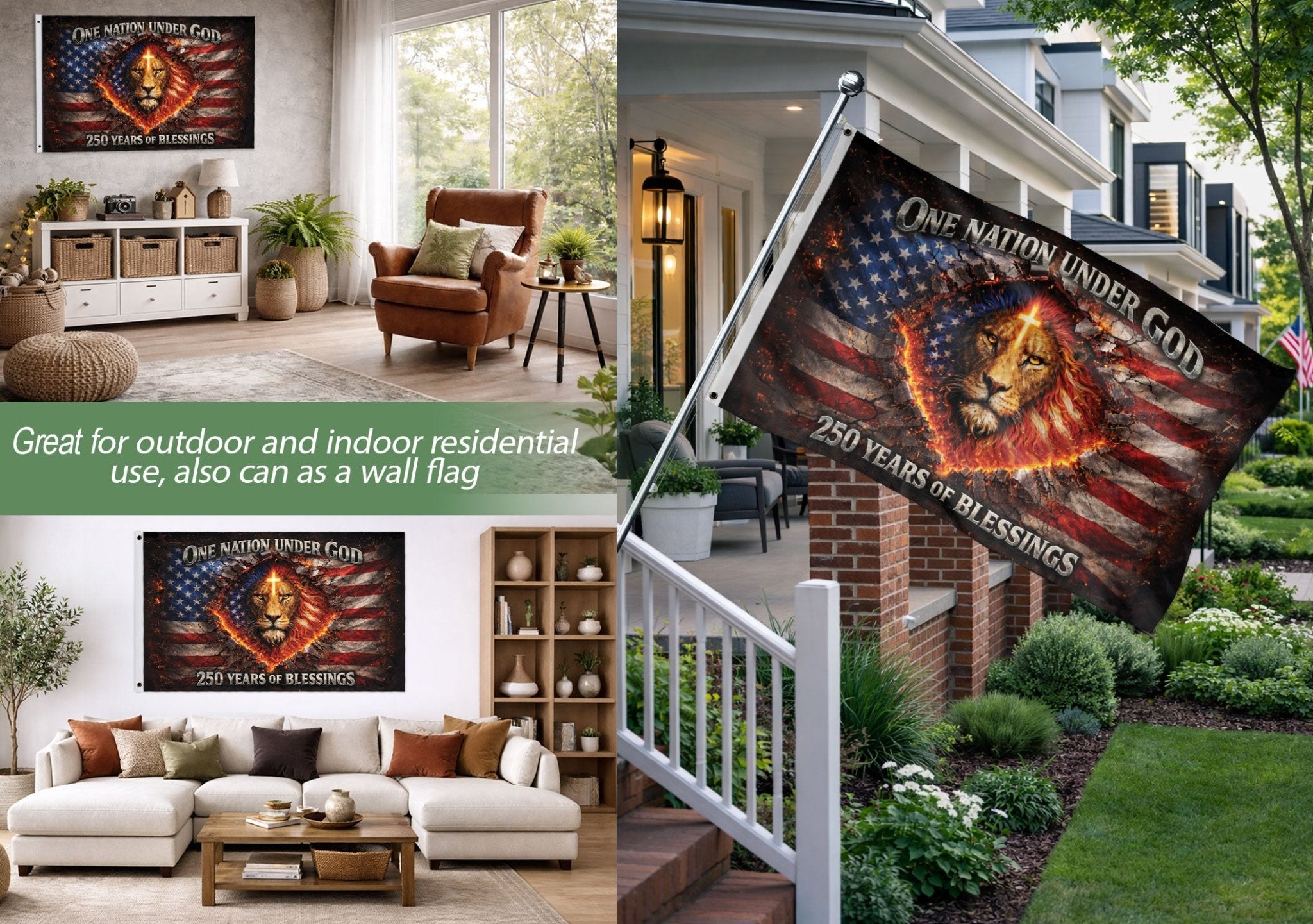 Christian Lion Cross Patriotic House Flag One Nation Under God 250th Anniversary USA Flag 1776–2026 Blessings Design - Rust Field Wear