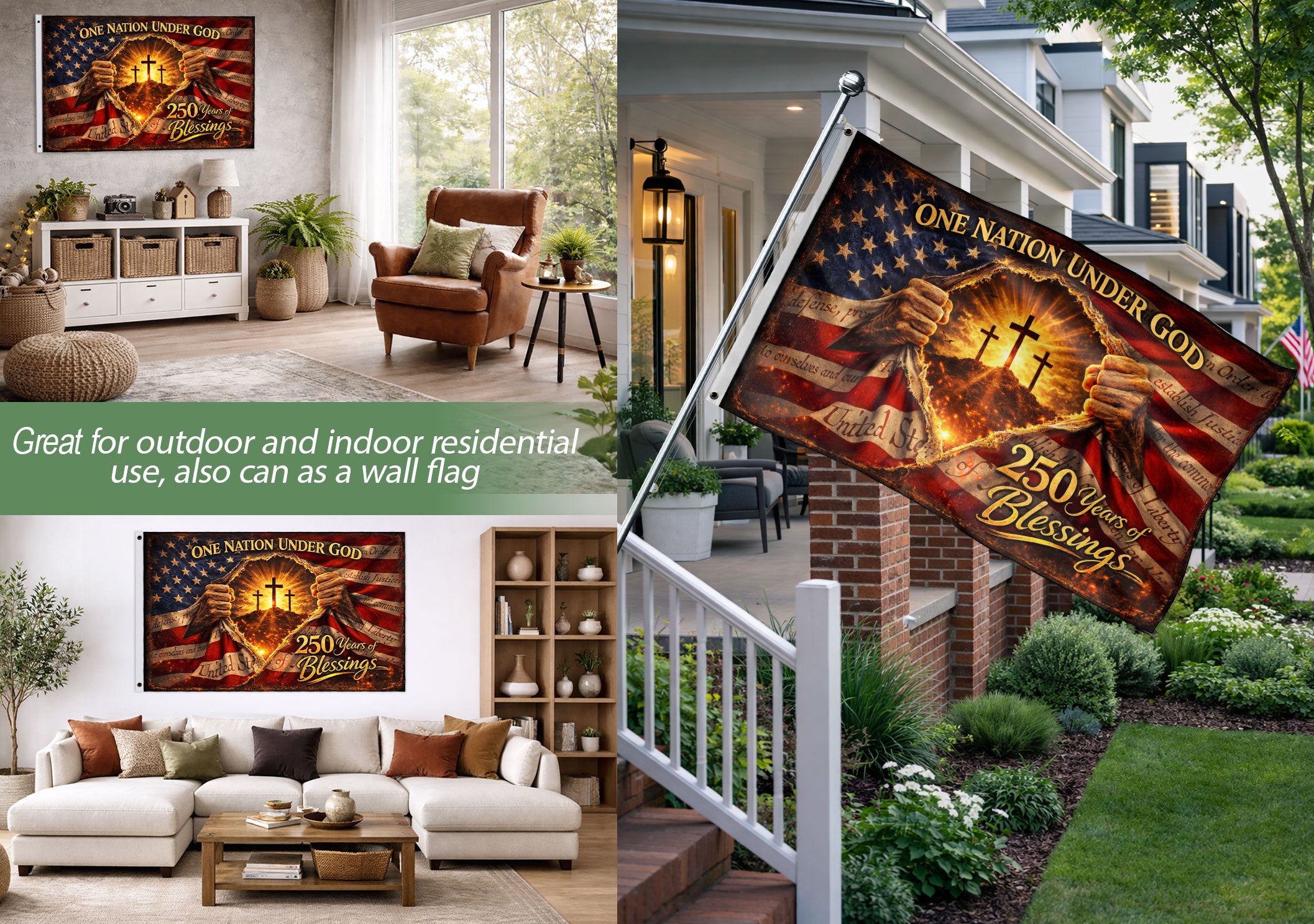 250 Years of Blessings Flag One Nation Under God Christian Three Crosses Patriotic Banner 3x5ft