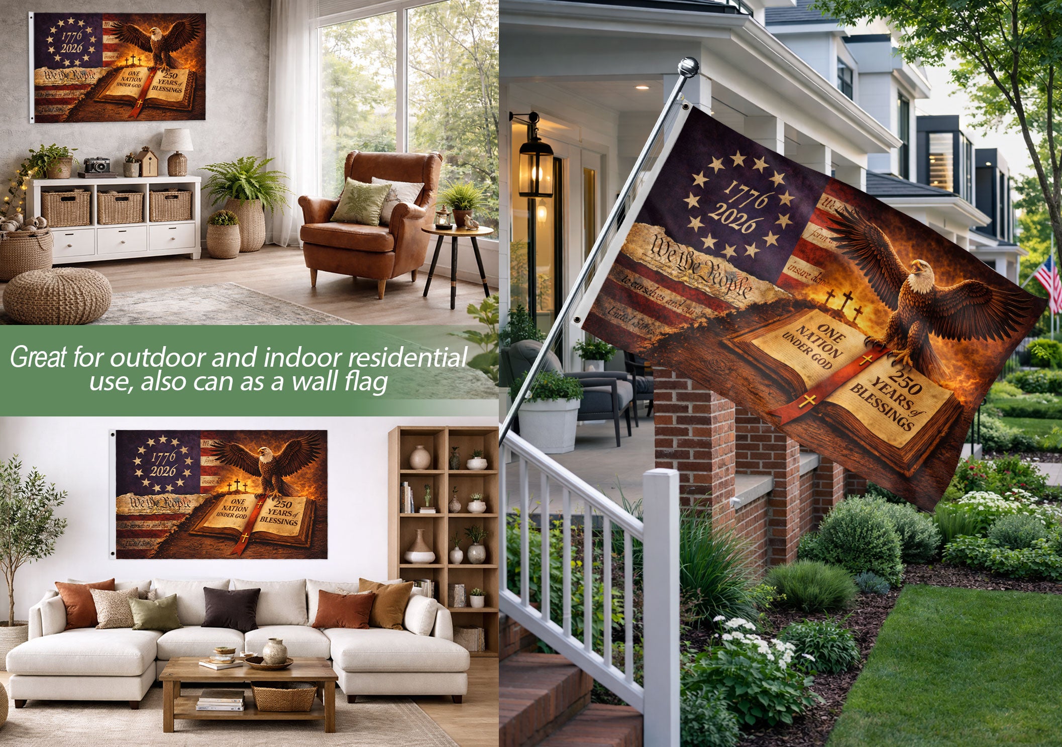 We The People 250th Anniversary USA House Flag Eagle Bible Cross 1776–2026 Patriotic Blessing Flag