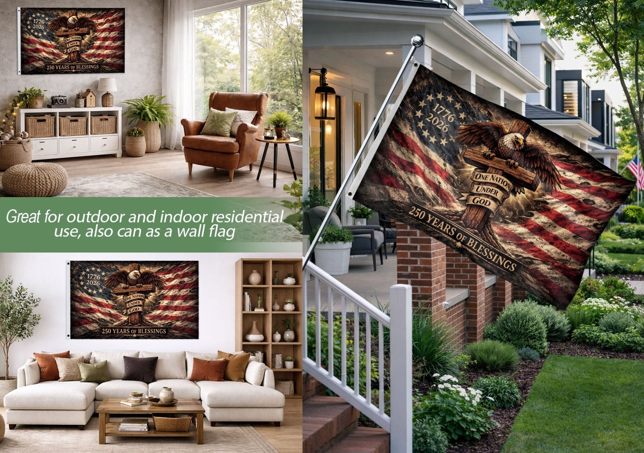 Patriotic Christian House Flag One Nation Under God Eagle Cross 250 Years Blessings 1776-2026 - Rust Field Wear