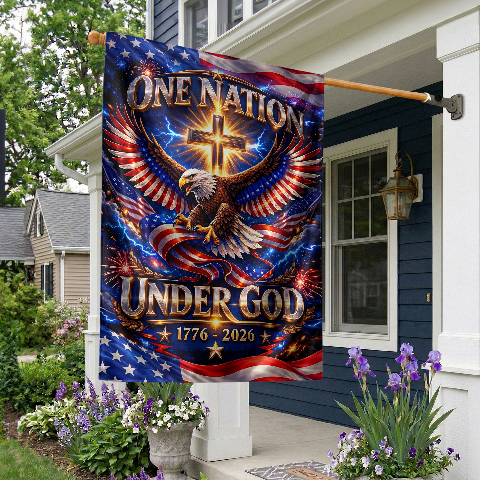 Christian One Nation Under God 250th Anniversary USA Garden Flag 1776–2026 Eagle Cross Patriotic Faith Design - Rust Field Wear