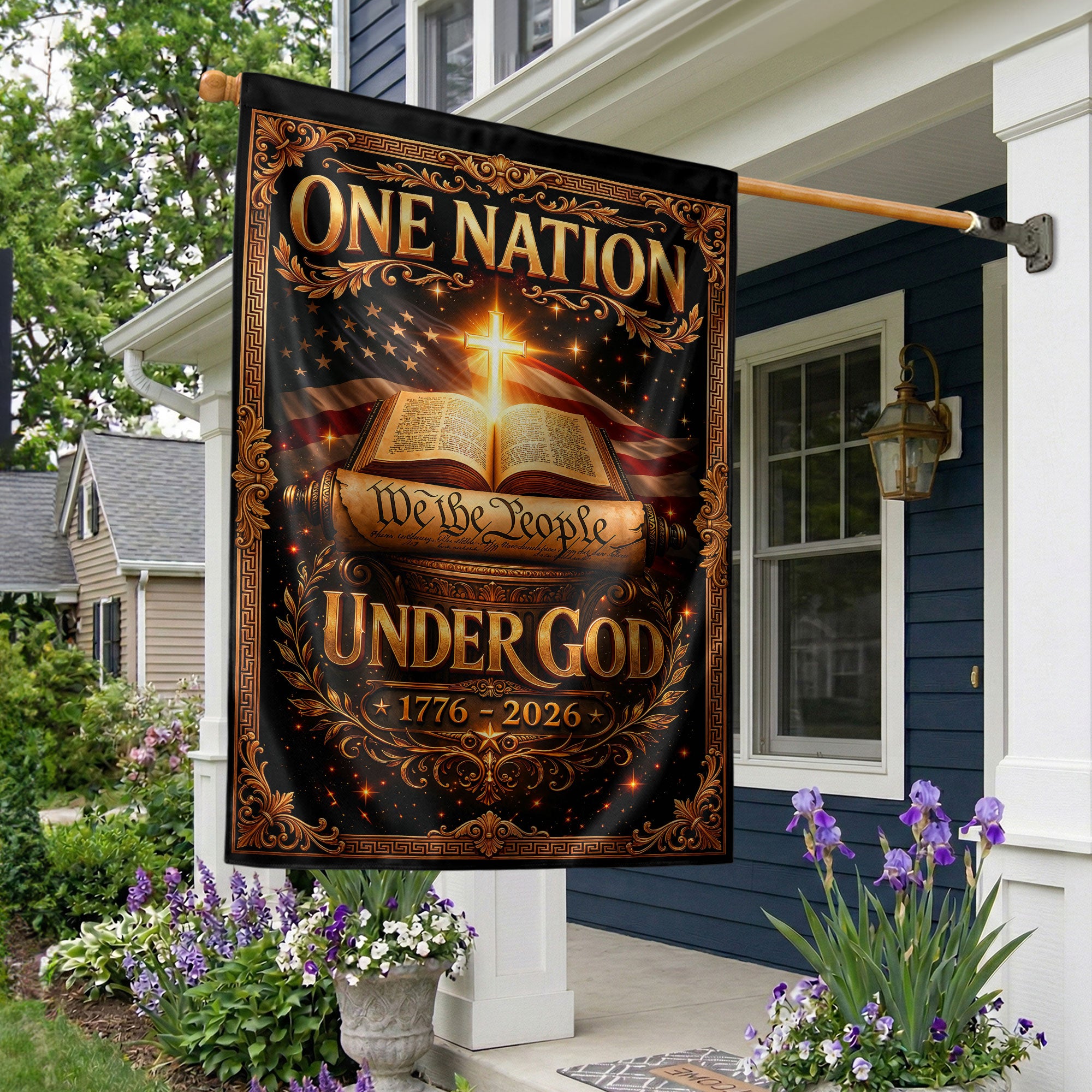 Christian One Nation Under God 250th Anniversary USA Garden Flag 1776–2026 Bible Cross We The People Patriotic Design - Rust Field Wear
