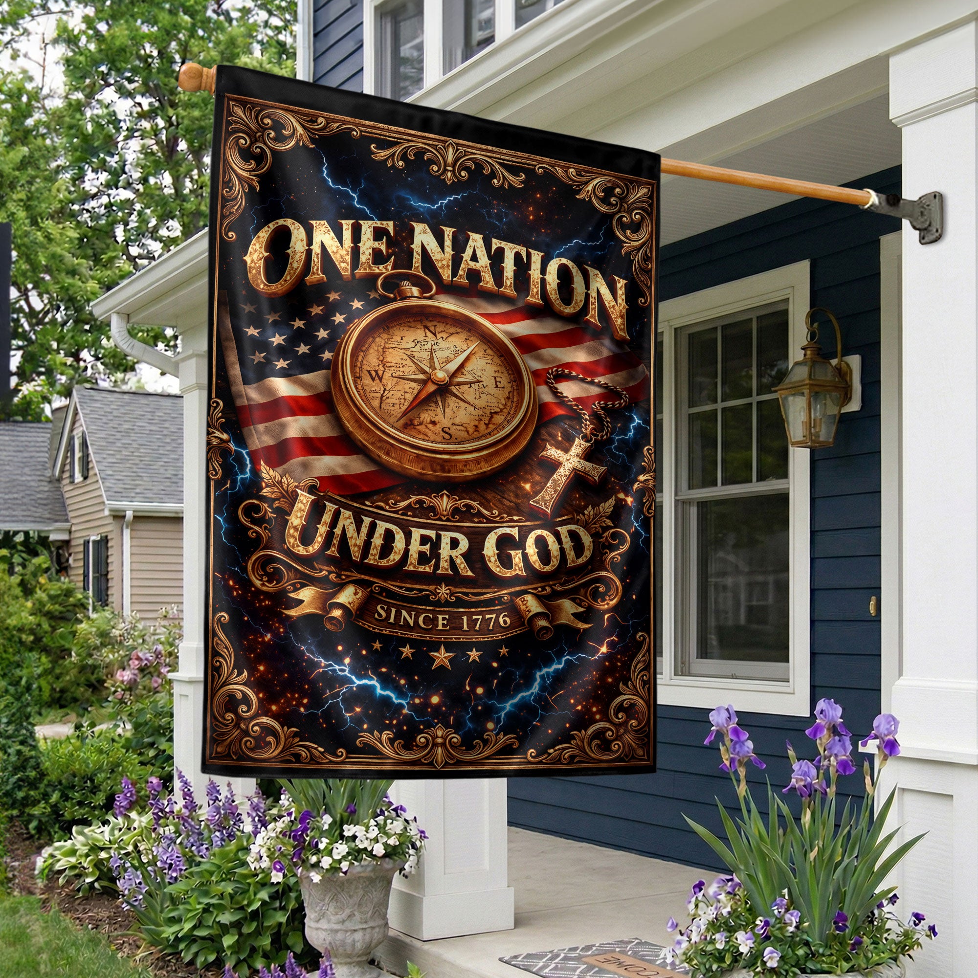 Christian One Nation Under God Since 1776 250th Anniversary USA Garden Flag Compass Cross Patriotic Design - Rust Field Wear
