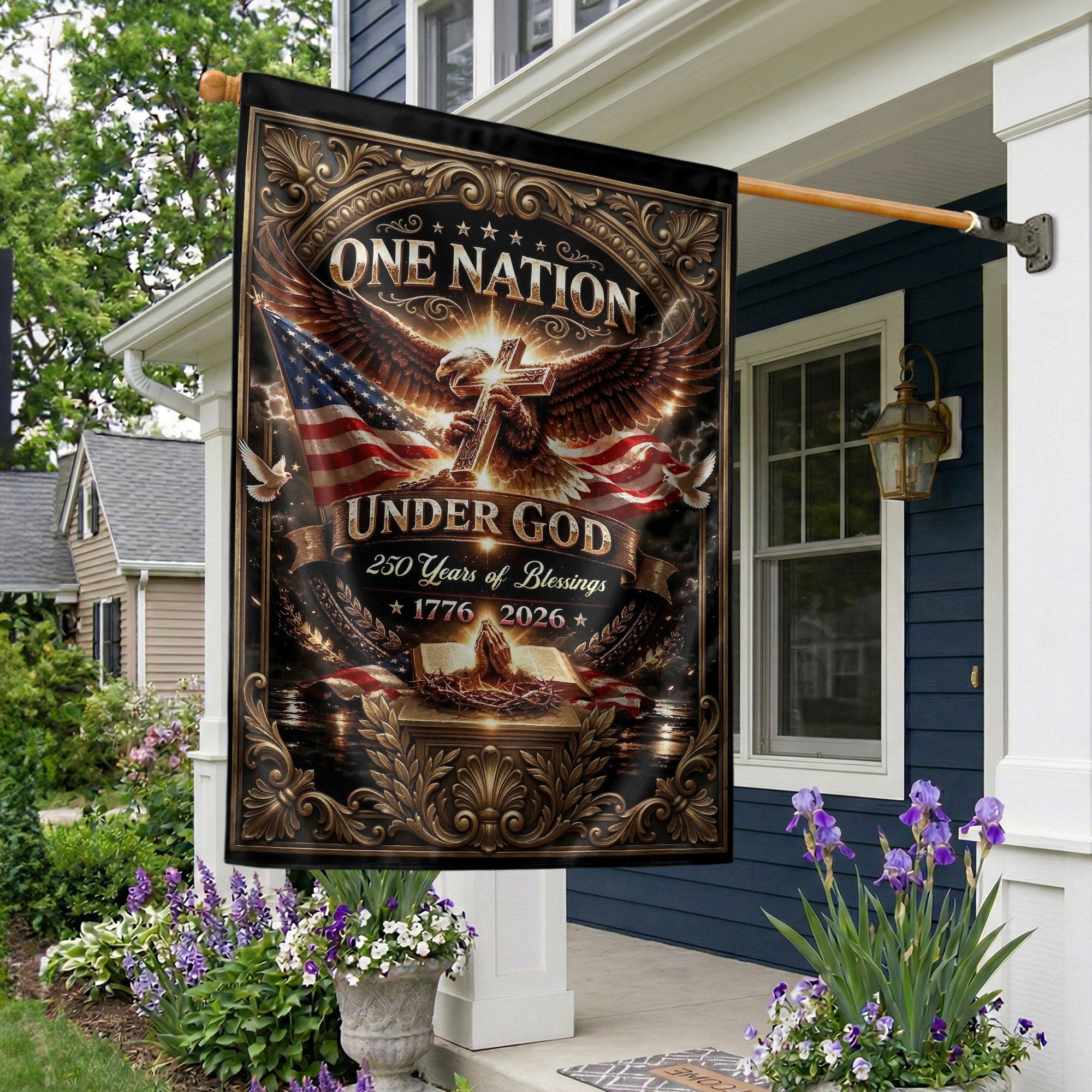 Christian One Nation Under God 250 Years of Blessings USA Garden Flag 1776–2026 Eagle Cross Patriotic Faith Banner - Rust Field Wear