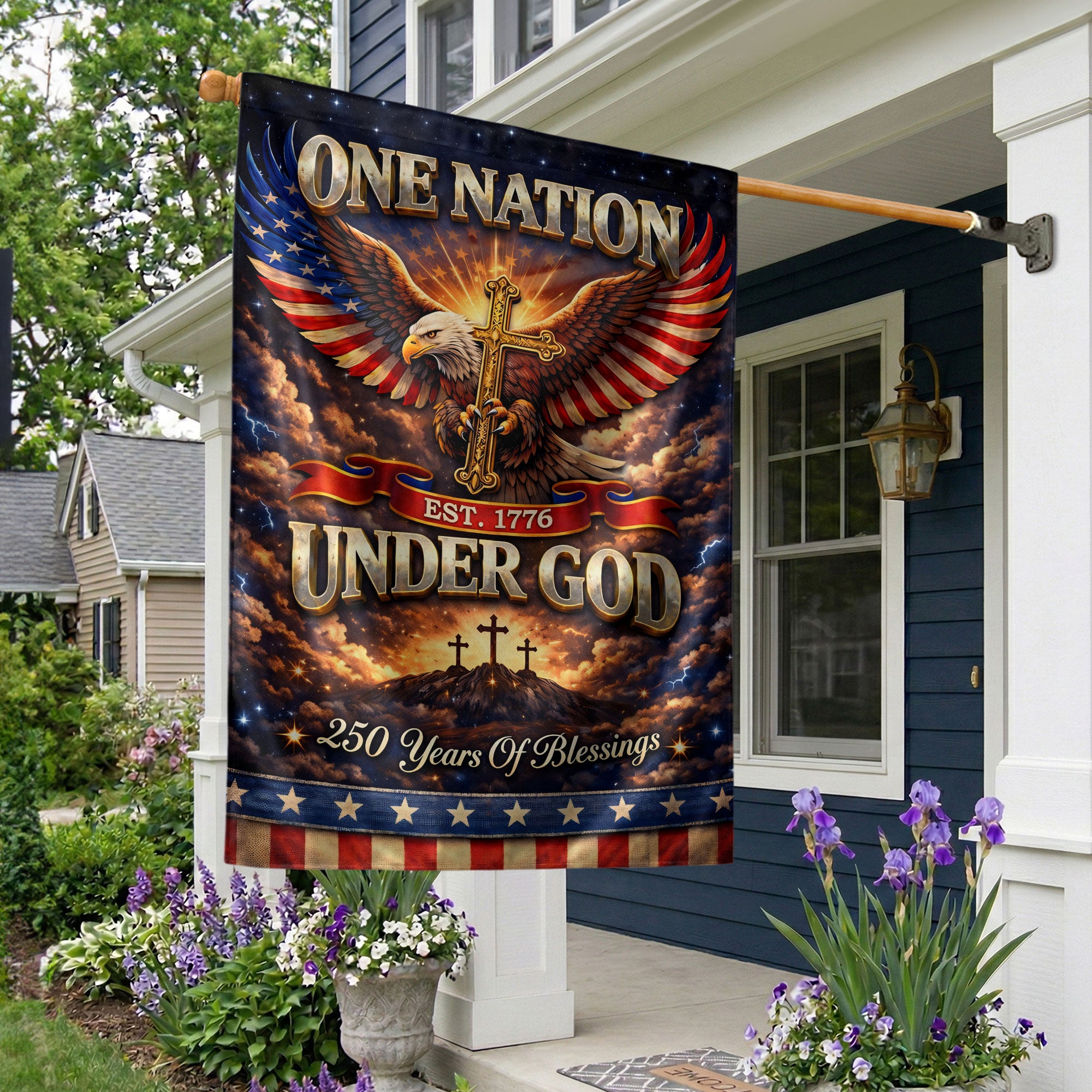 Christian One Nation Under God Est 1776 250th Anniversary USA House Flag Eagle Cross Patriotic Faith Banner