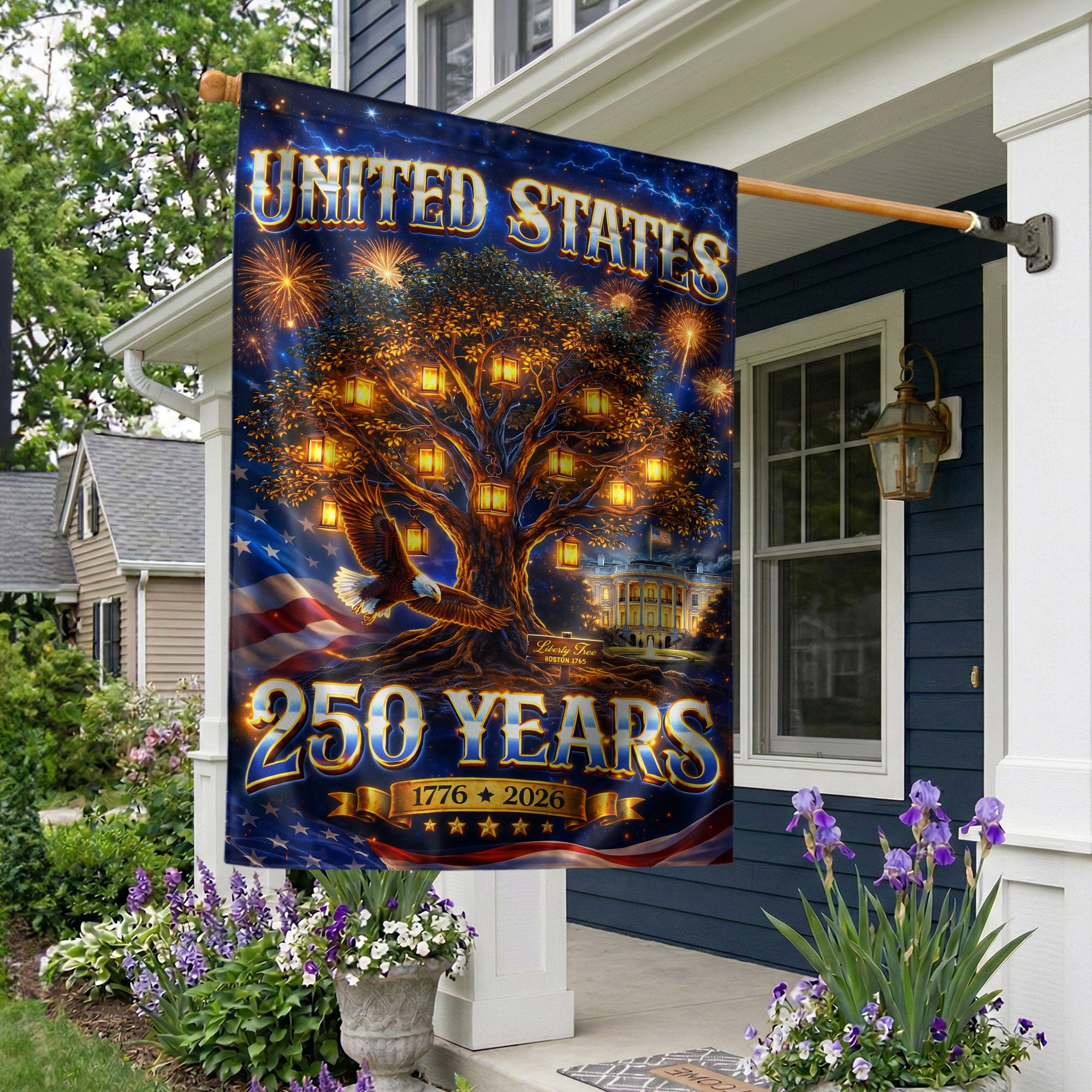 United States 250 Years House Flag Freedom Tree Eagle 1776 - 2026 Patriotic Banner