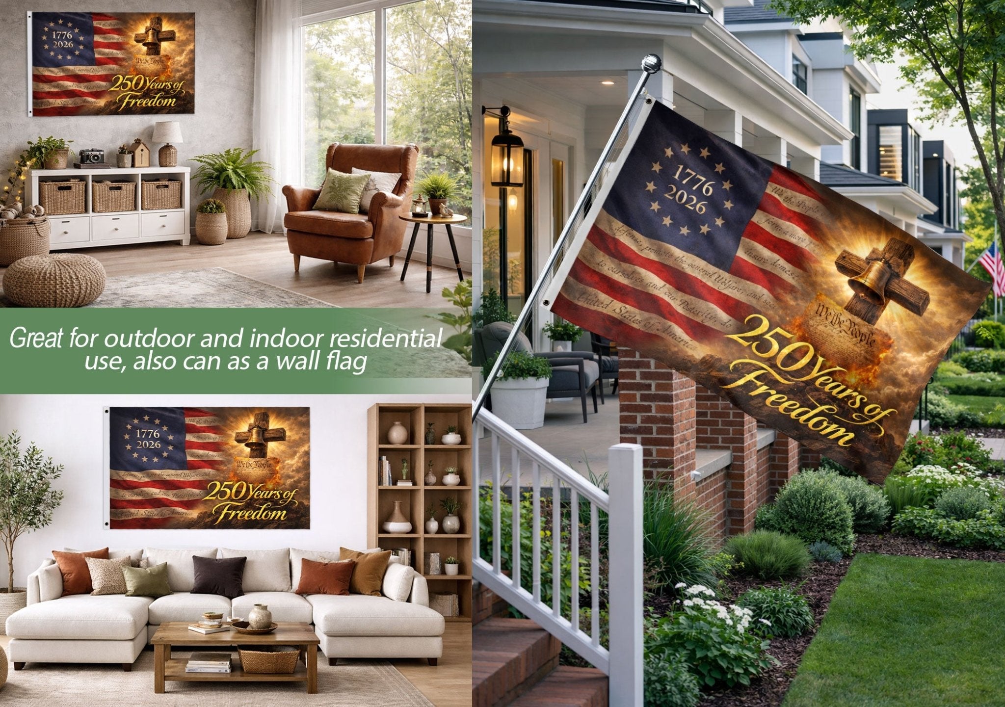 USA 250 Years of Freedom Flag - Liberty Bell & Cross Patriotic Outdoor Banner 1776-2026 - Rust Field Wear