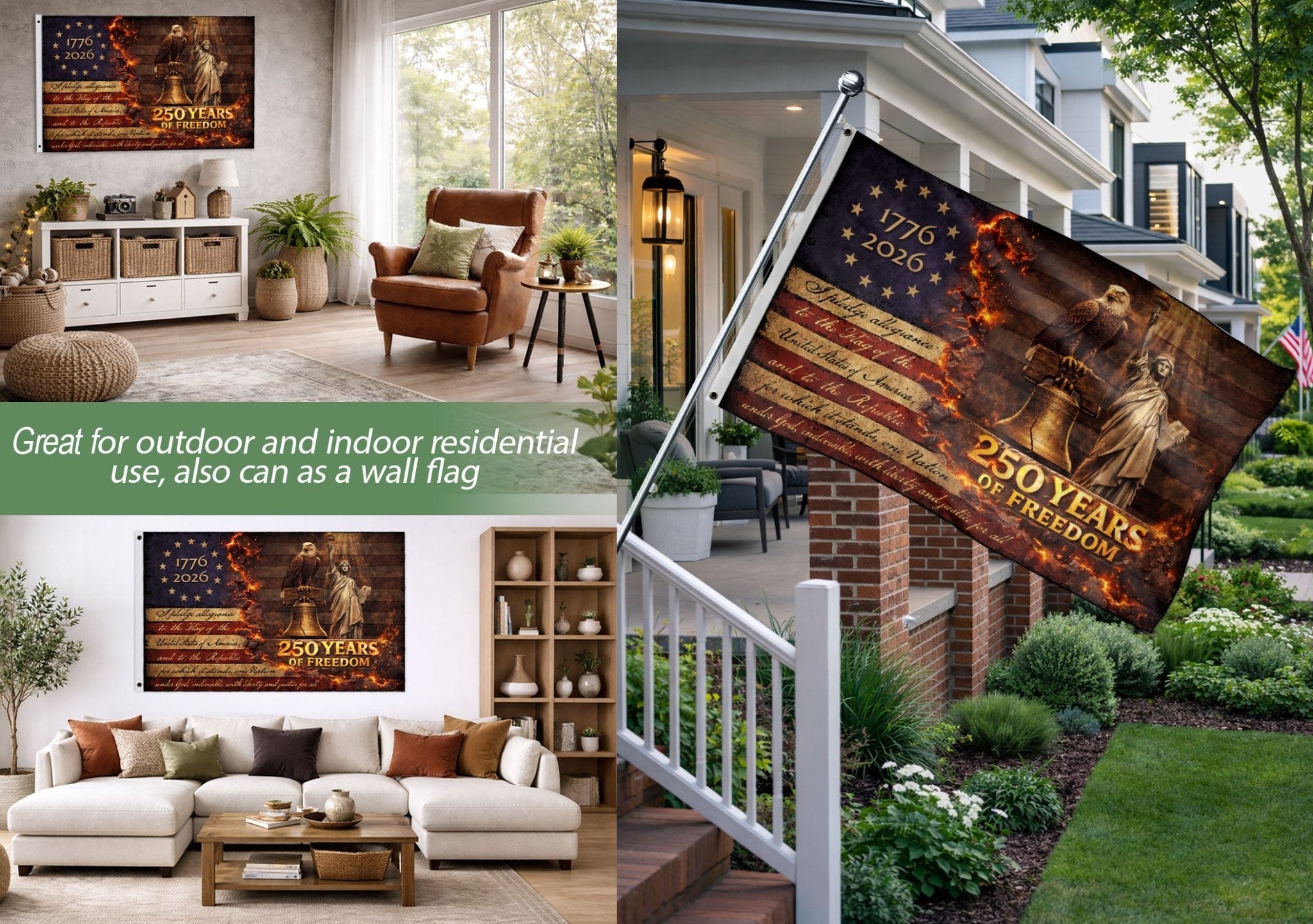 Patriotic House Flag 250 Years of Freedom Eagle Liberty Bell Statue Outdoor Decor - Rust Field Wear