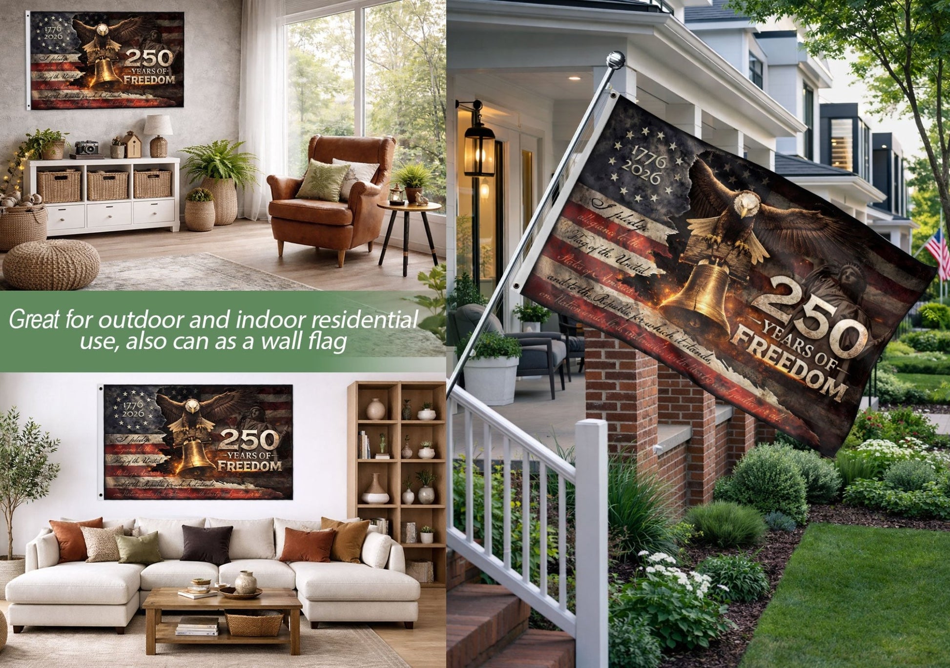 Patriotic Freedom House Flag 250 Years Eagle Liberty Bell Vintage American Outdoor - Rust Field Wear