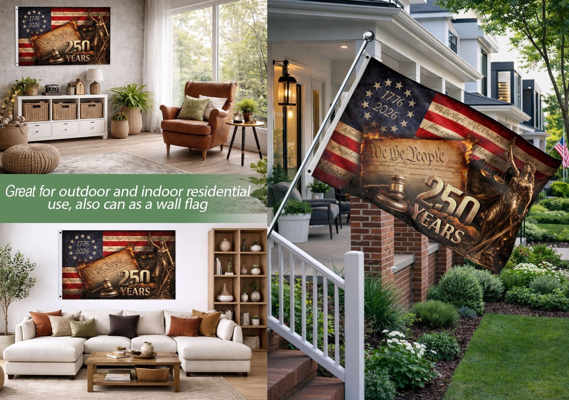 Lady Justice House Flag 1776-2026 We The People 250 Years of Freedom Patriotic Decor - Rust Field Wear