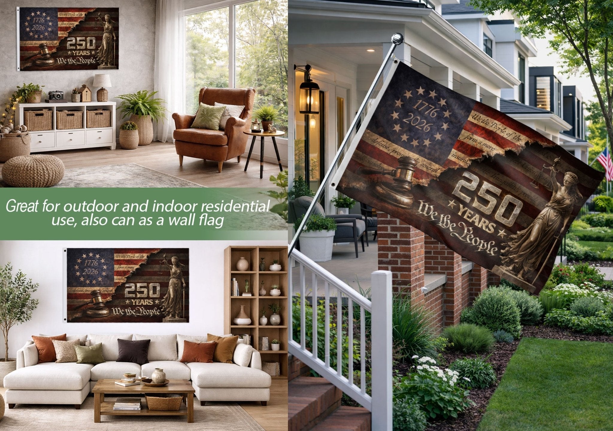 US 250 Years Flag 3x5 ft Lady Justice Gavel We The People 1776-2026 Patriotic Banner - Rust Field Wear