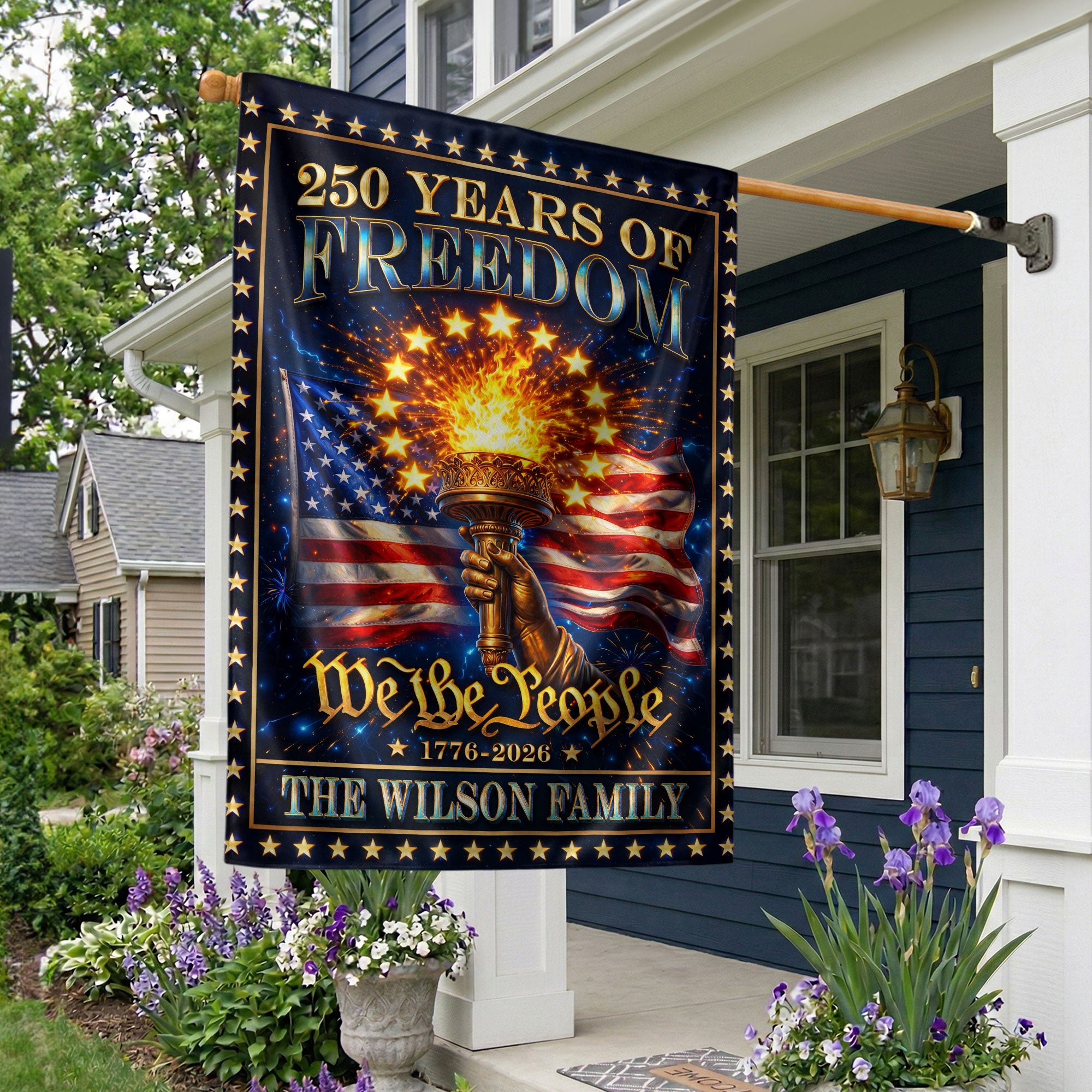 Custom Family Name Garden Flag 250 Years of Freedom 1776–2026 Patriotic Torch