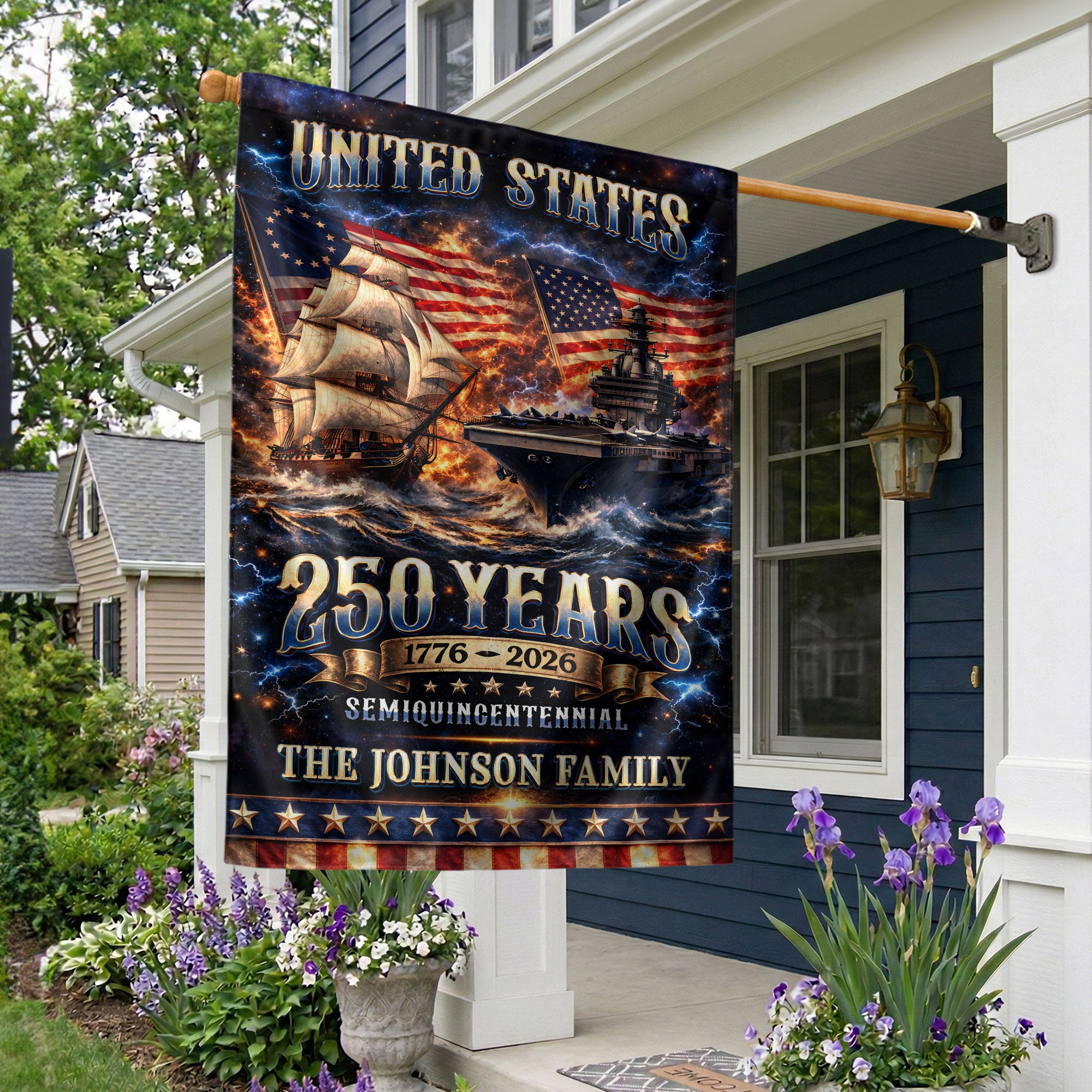 Custom Family Name 250th Anniversary Garden Flag – USA Ship & Navy 1776-2026