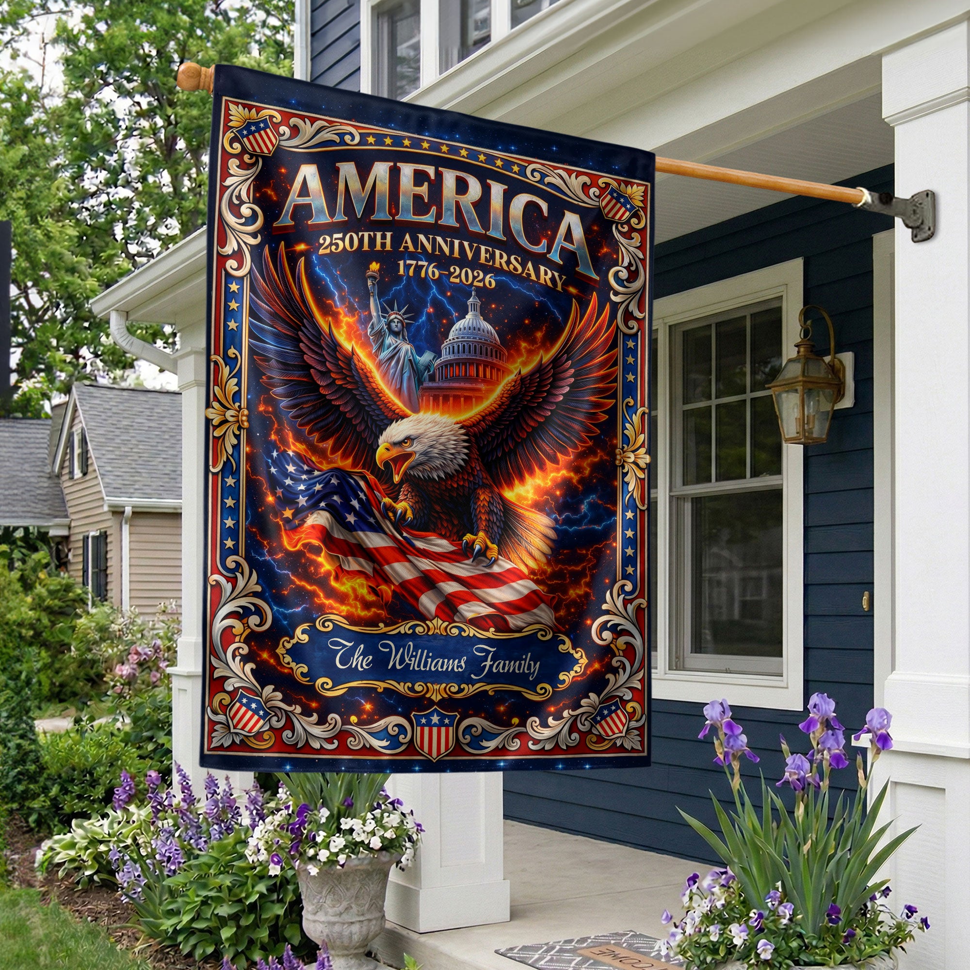 Personalized 250 Years USA Garden Flag – Family Name with Eagle, Statue of Liberty & Capitol (1776–2026)