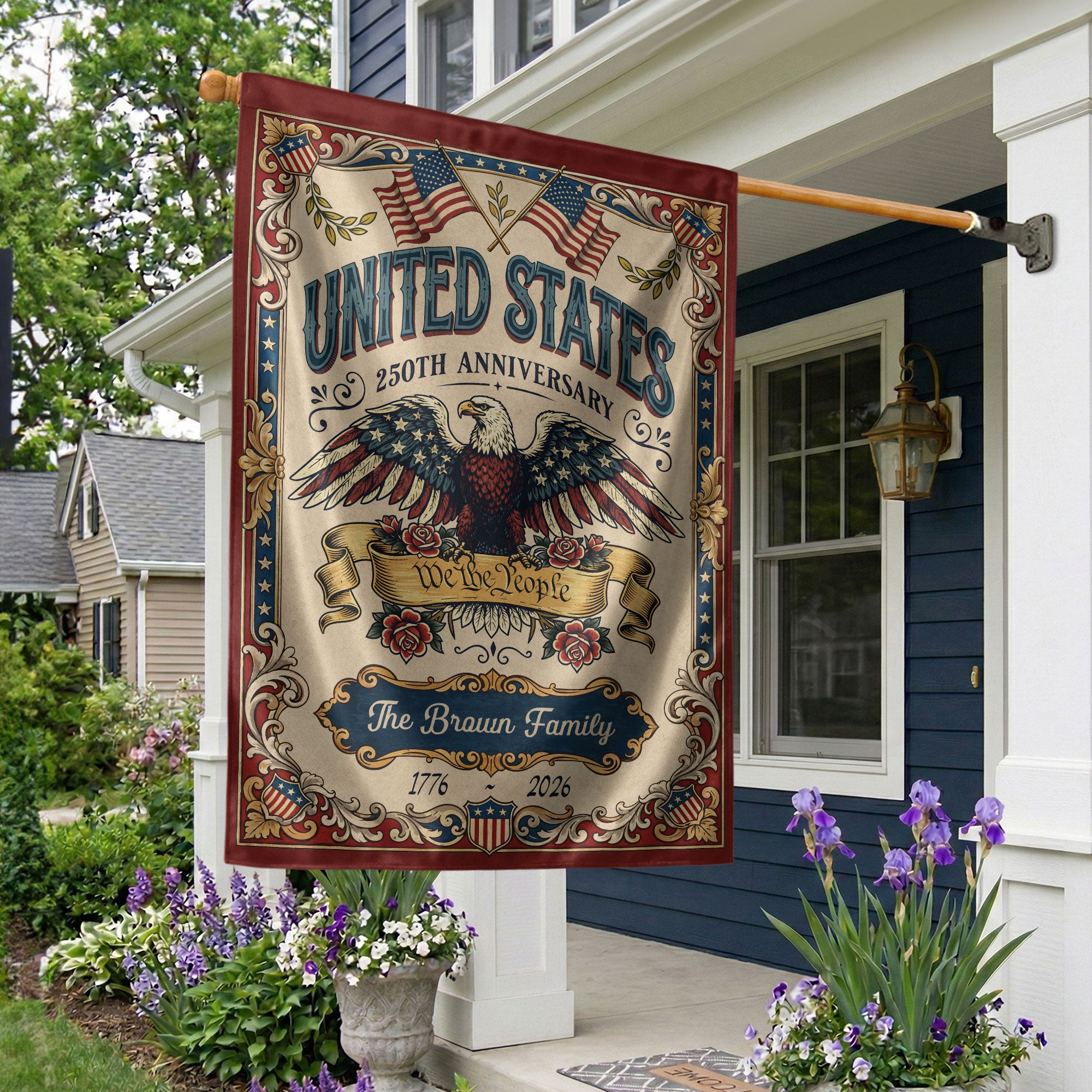 Personalized Independence 250 Garden Flag – American Eagle & “We the People” Design with Custom Name (1776–2026)