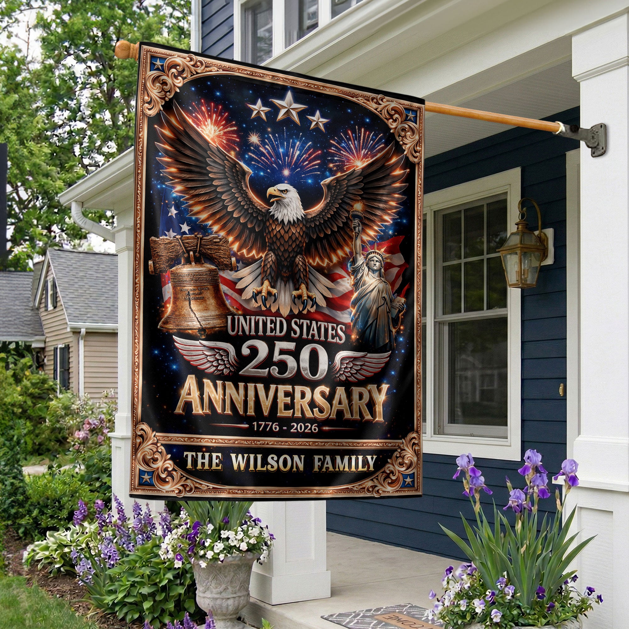 Personalized American Heritage Garden Flag – 250-Year Celebration with Eagle, Liberty Bell & Statue Design (1776–2026)