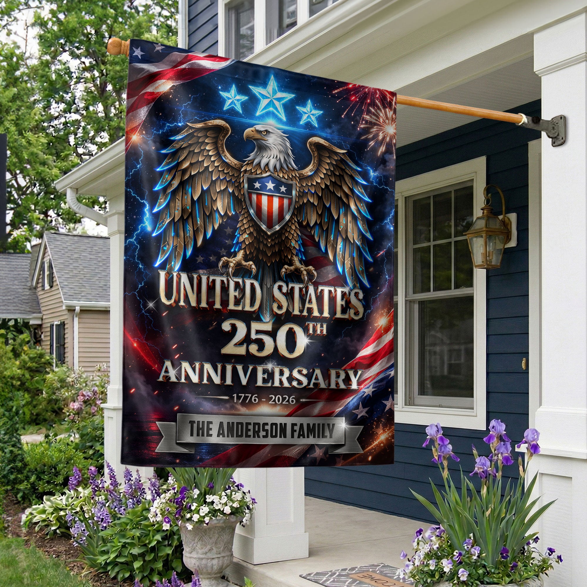 250th Anniversary USA Garden Flag – Custom Family Name with Eagle & Stars 1776-2026