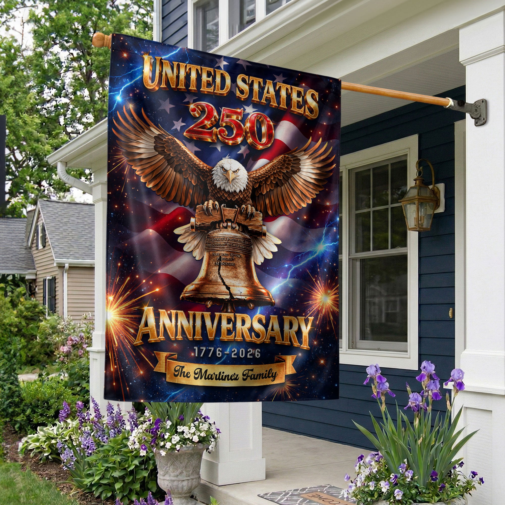 Personalized American Celebration Garden Flag – 250-Year Commemorative Design with Eagle & Liberty Bell (1776–2026)