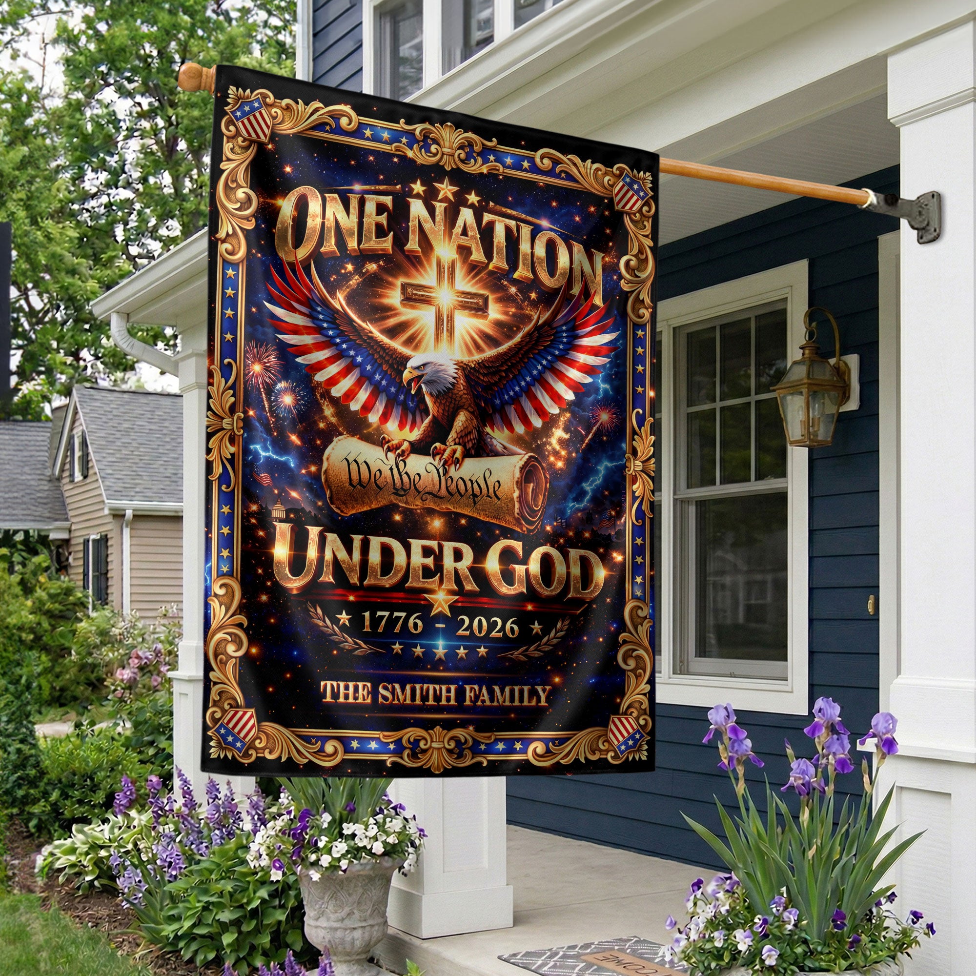 One Nation Under God 250th Anniversary Garden Flag – Custom Family Name with Eagle, Cross & 'We the People' 1776-2026