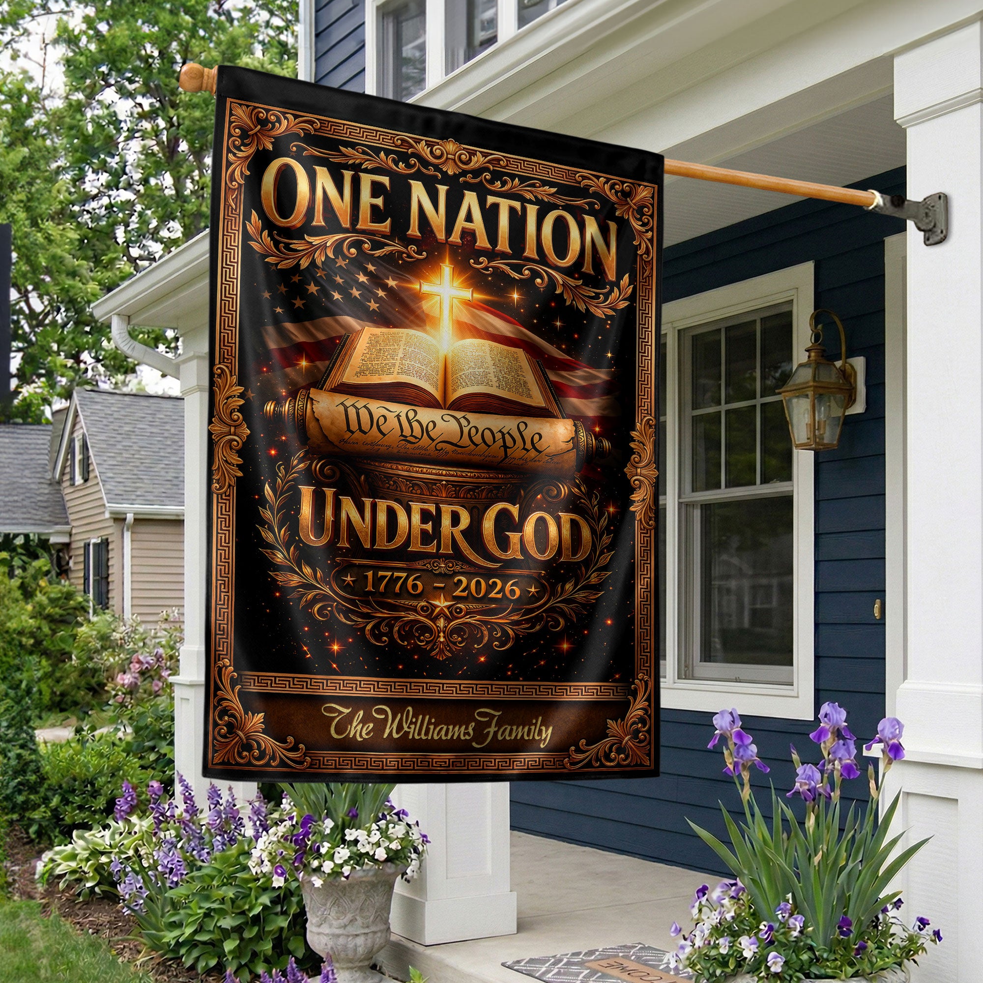 One Nation Under God 250th Anniversary Garden Flag – Custom Family Name with Bible, Cross & 'We the People' 1776-2026