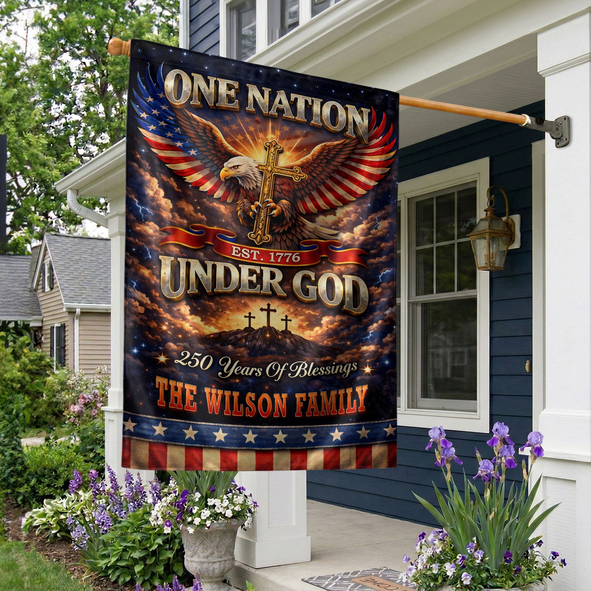 Personalized Patriotic Faith Garden Flag – 250-Year American Celebration with Eagle, Cross & Blessings Theme (1776–2026)