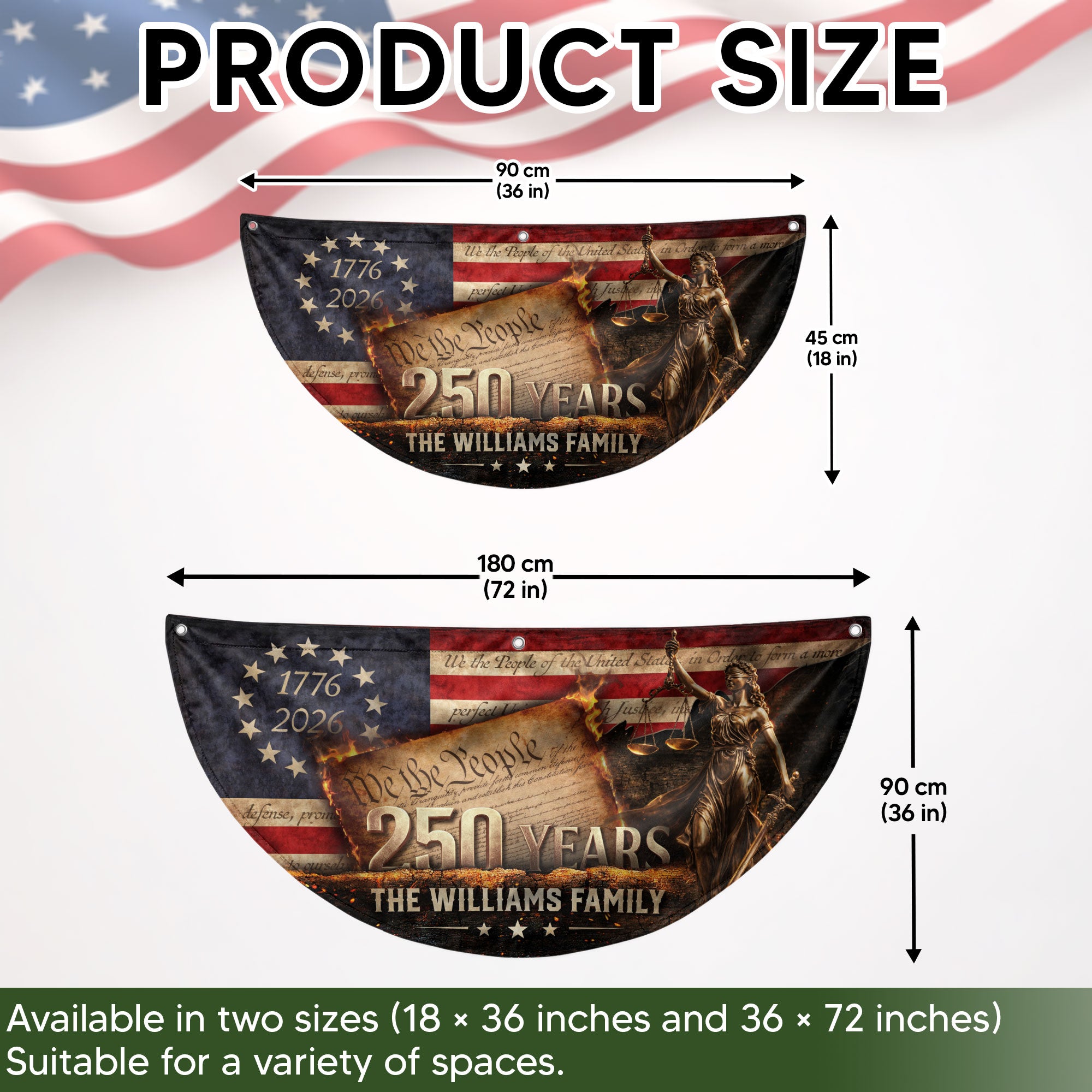 We The People Fence Flag Lady Justice Custom Family Name 250 Years Freedom 1776-2026