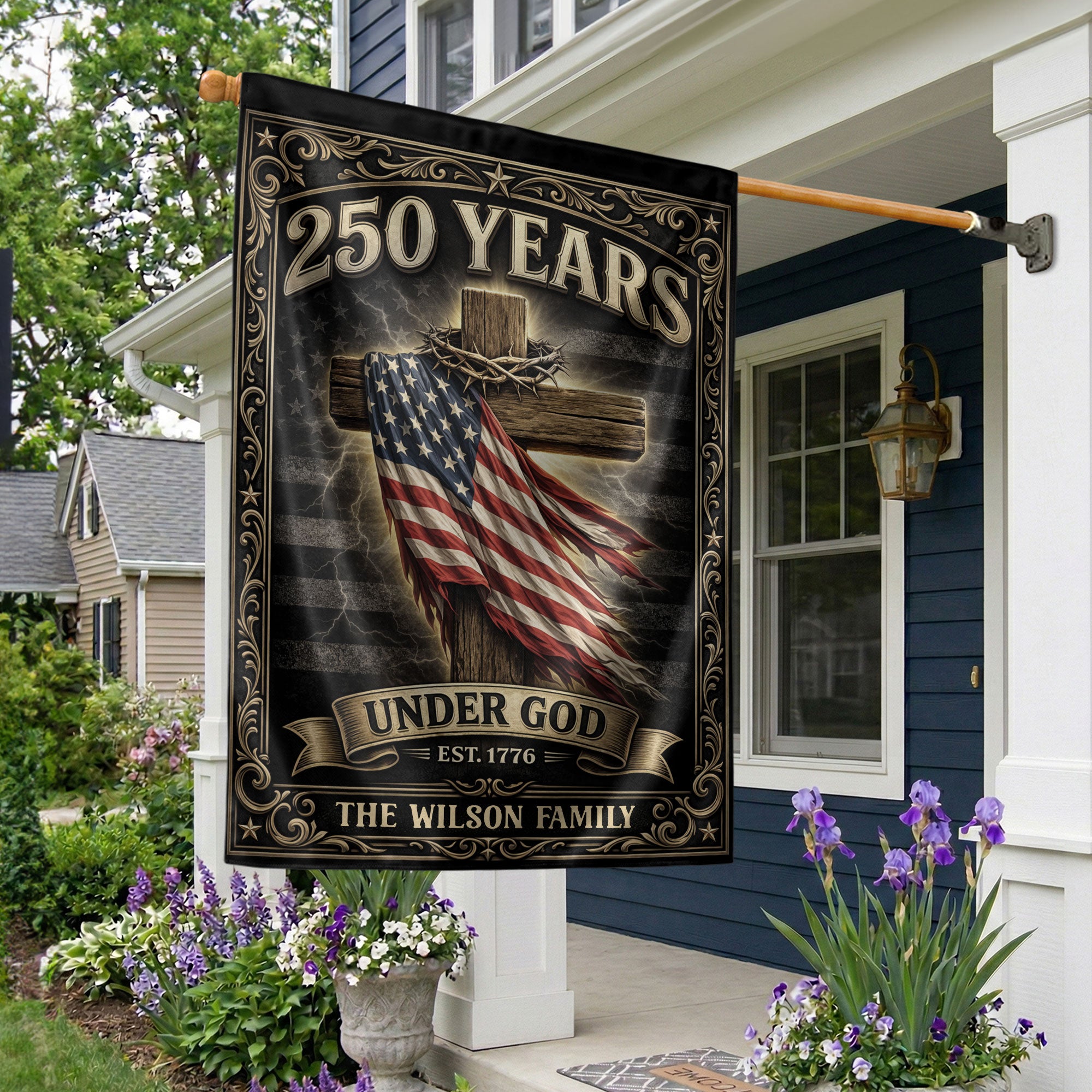 Personalized Family Name Garden Flag 250 Years Under God Cross Patriotic Outdoor Decor