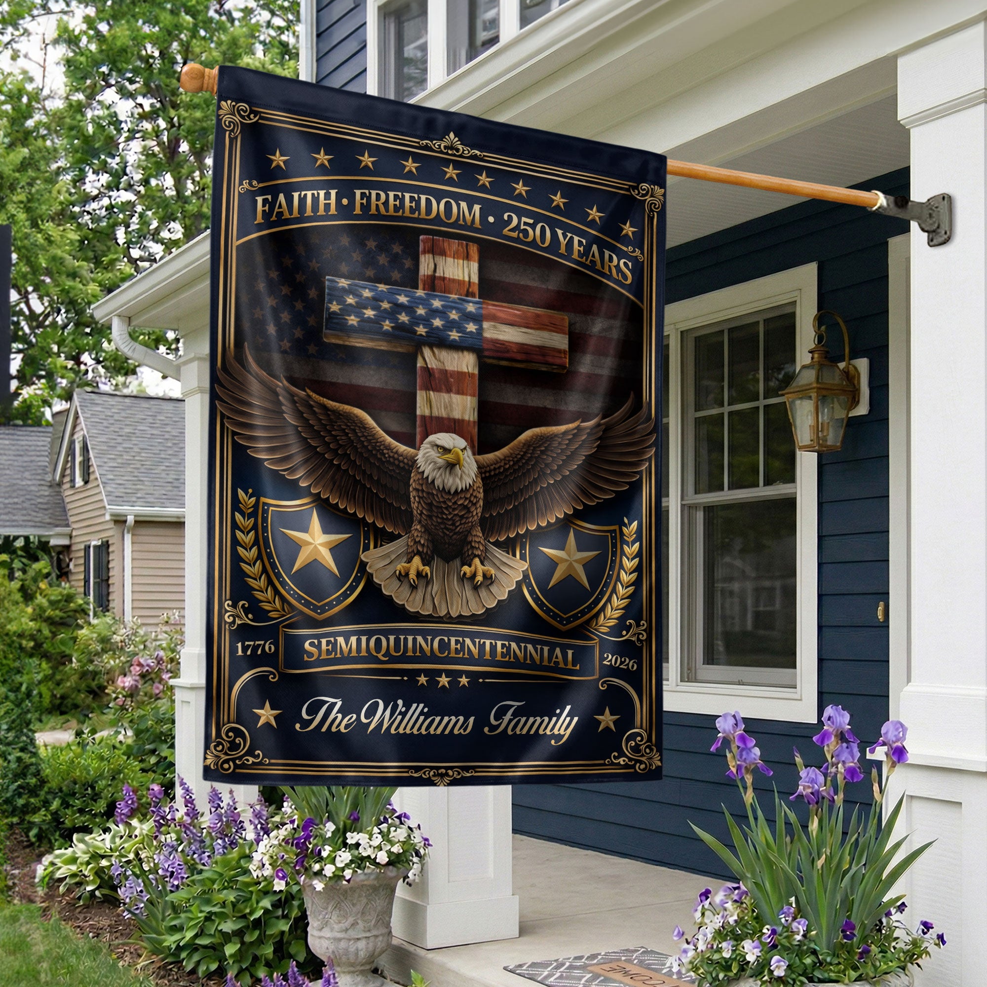 Custom Family Name Garden Flag 250 Years Faith Freedom Eagle Cross 1776–2026 Patriotic Decor