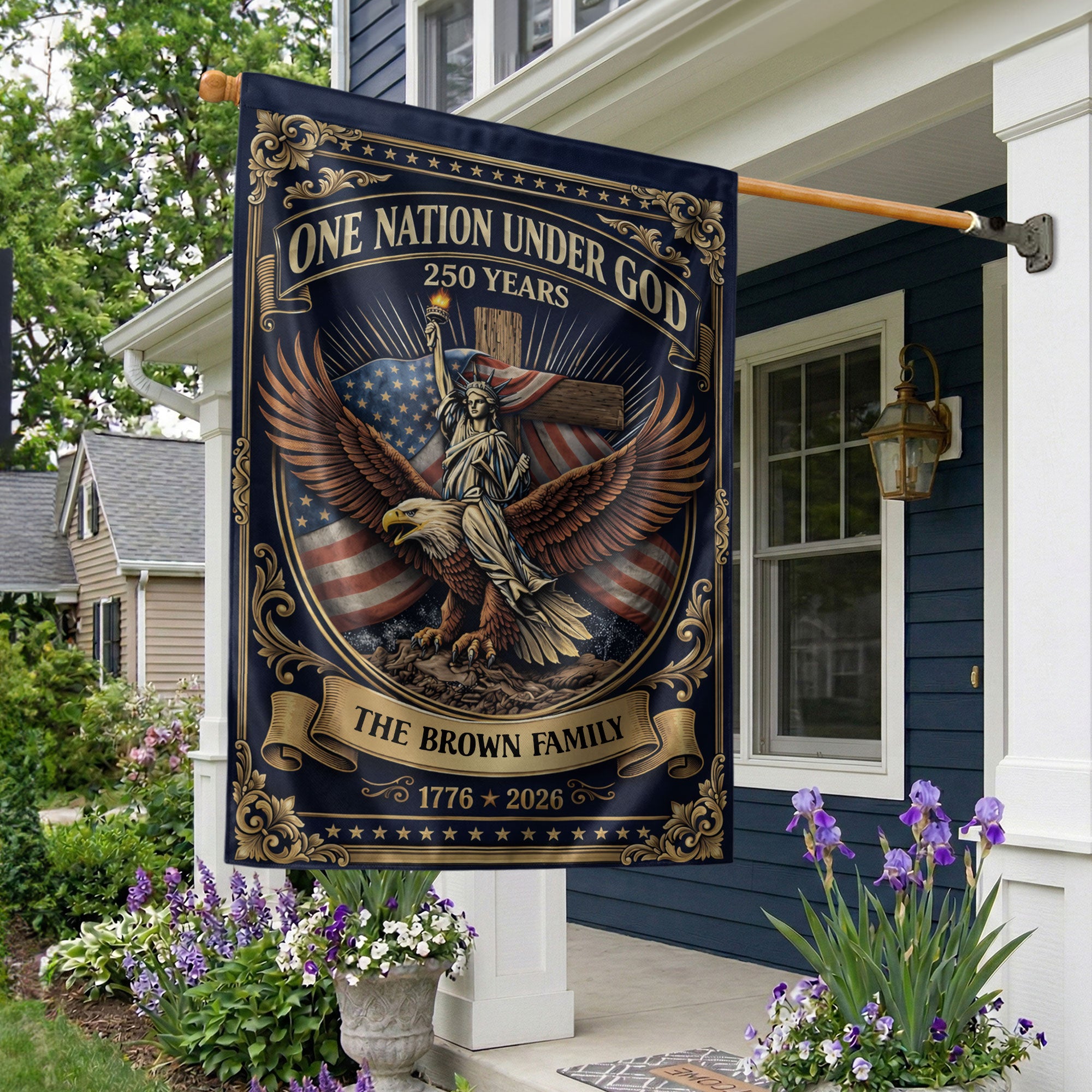 Custom Family Name Garden Flag 250 Years One Nation Under God 1776-2026 Patriotic Decor