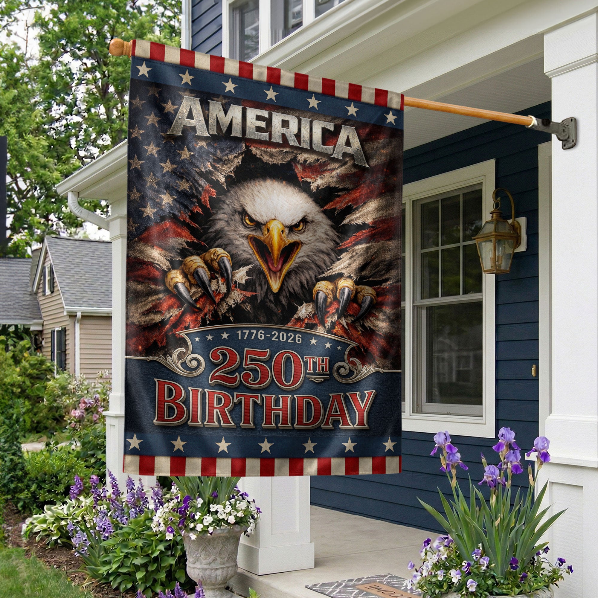 250th Birthday United States House Flag - Fierce Eagle Patriotic Banner Home Decor - Rust Field Wear