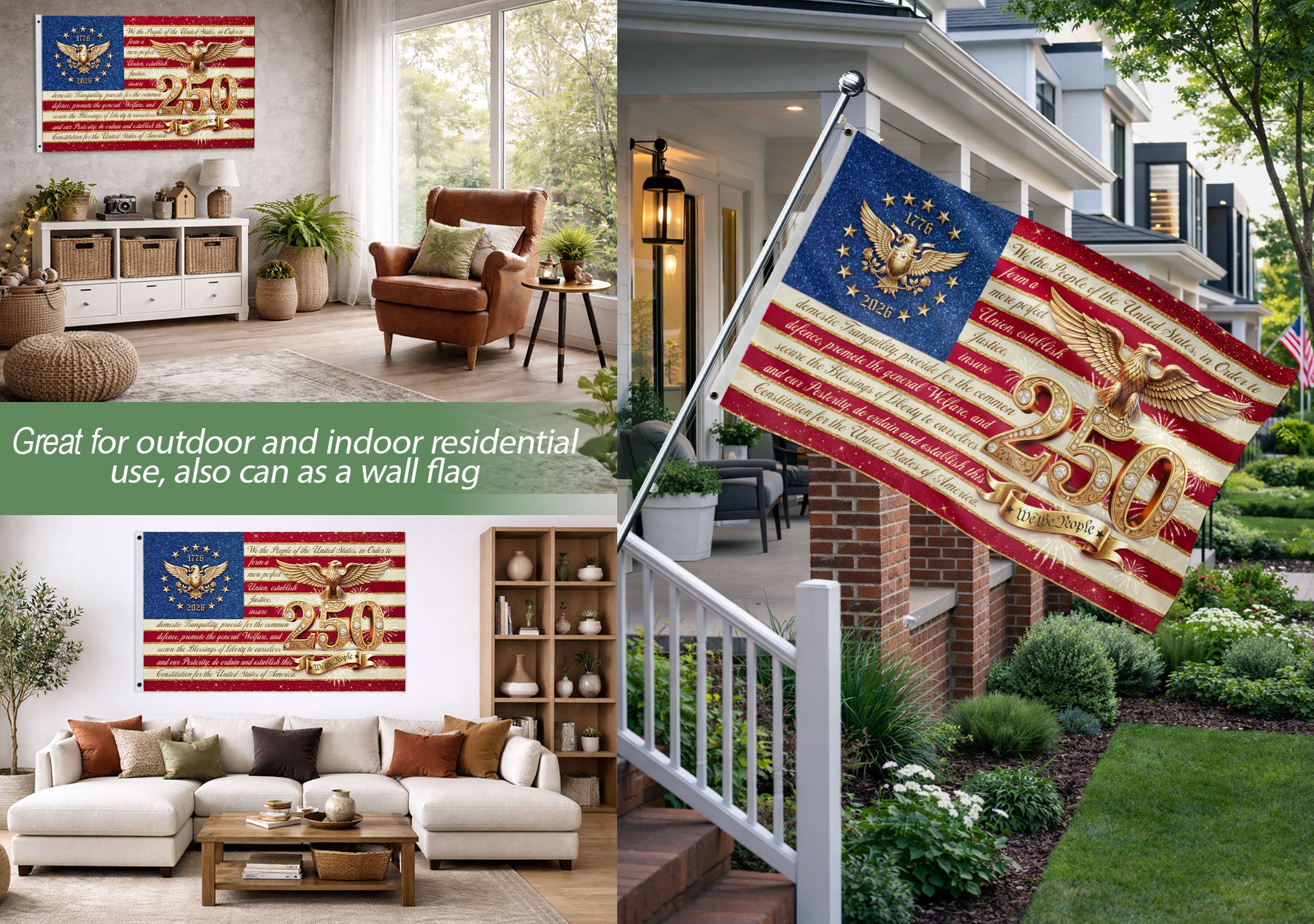 USA 250 Years Patriotic Flag - Golden Eagle & Diamond Constitution Banner 1776-2026