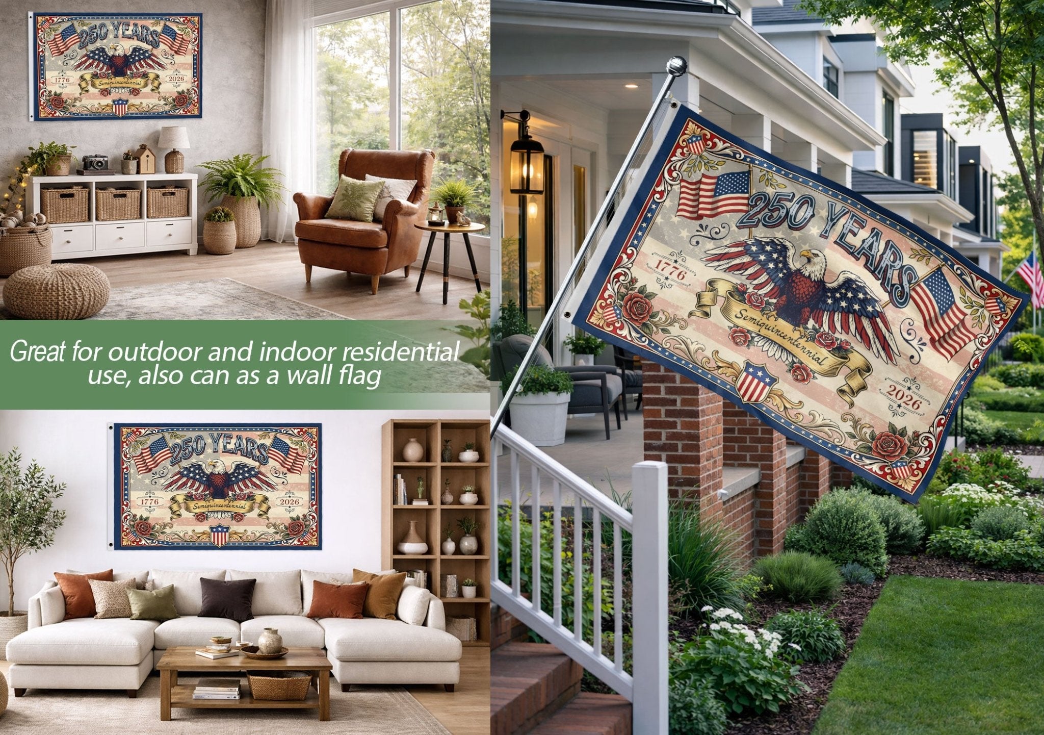 USA 250 Years Commemorative Flag - Vintage Eagle and Roses Patriotic Outdoor Banner - Rust Field Wear